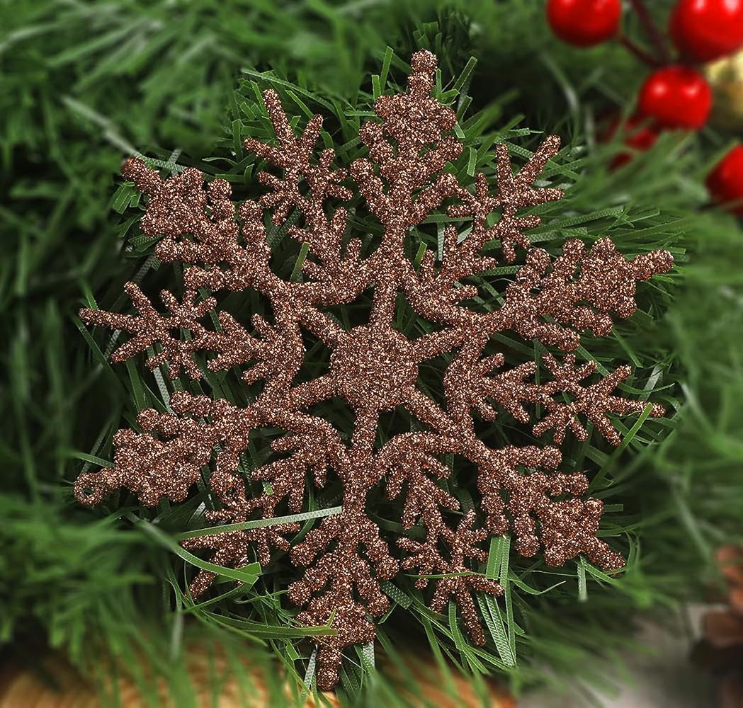 YYCRAFT 32pcs Glitter Snowflake Ornament 4 Inch for Christmas Tree Decoration-Brown