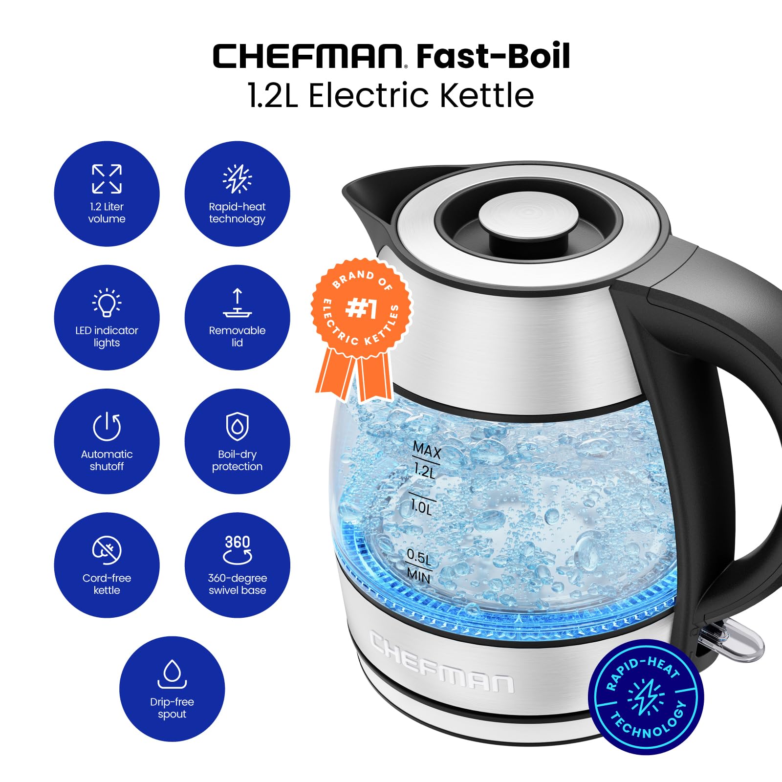 Chefman 1.2L Electric Tea Kettle With Led Lights, Automatic Shut Off, Removable Lid, Boil-Dry Protection, Hot Water Electric Ket