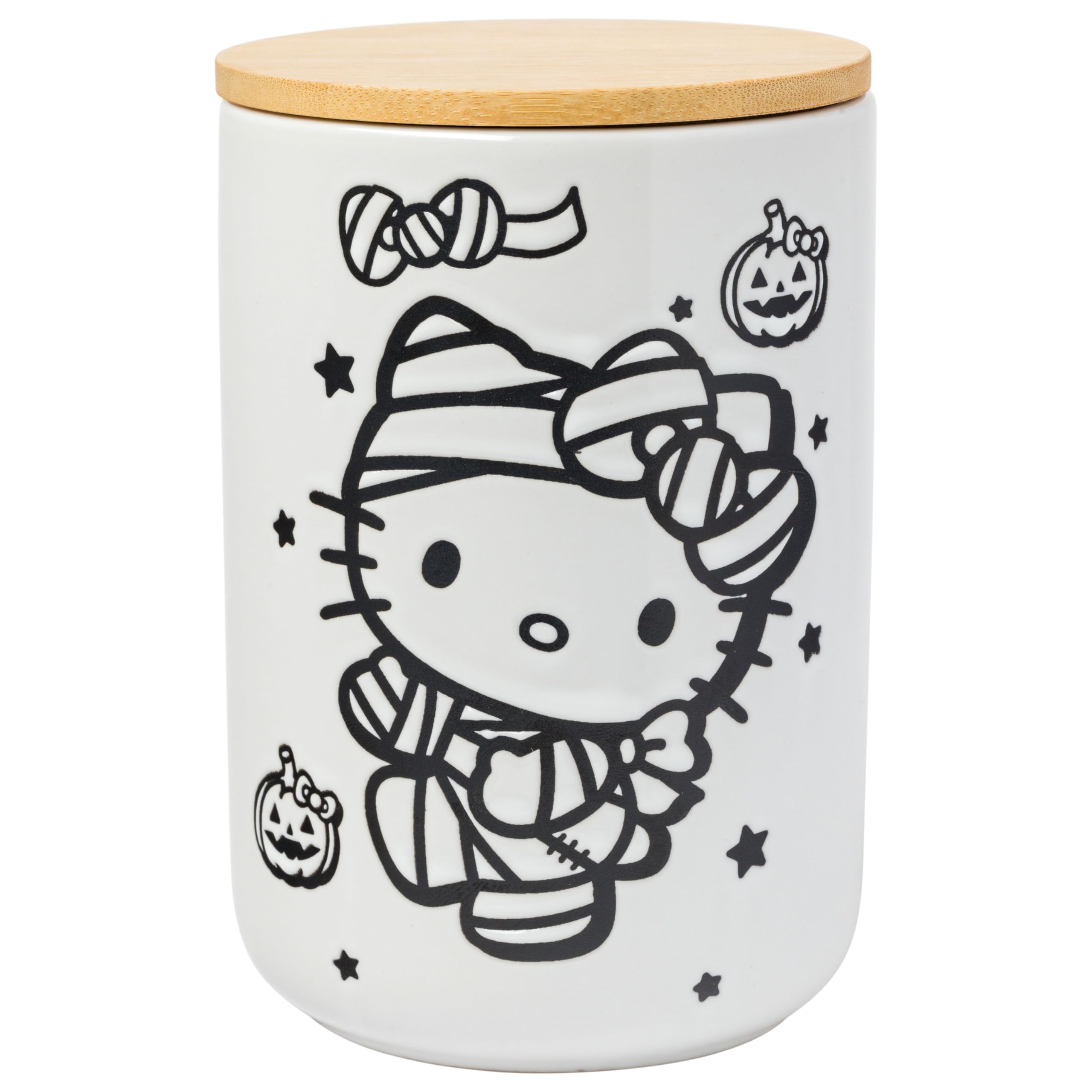 Silver Buffalo Sanrio Hello Kitty Halloween Spooky Mummy Ceramic Cookie Snack Candy Jar With Airtight Bamboo Lid (Small)