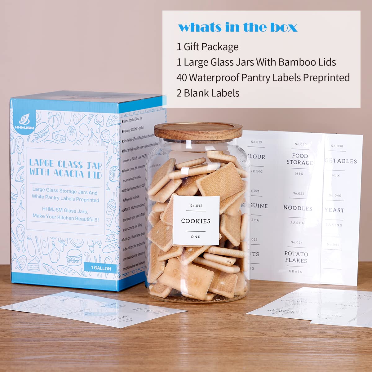 1 Gallon Large Glass Cookie Jar With Airtight Acacia Lids - Thicken Big Food Storage Containers With 42 Kitchen Waterproof Pantr