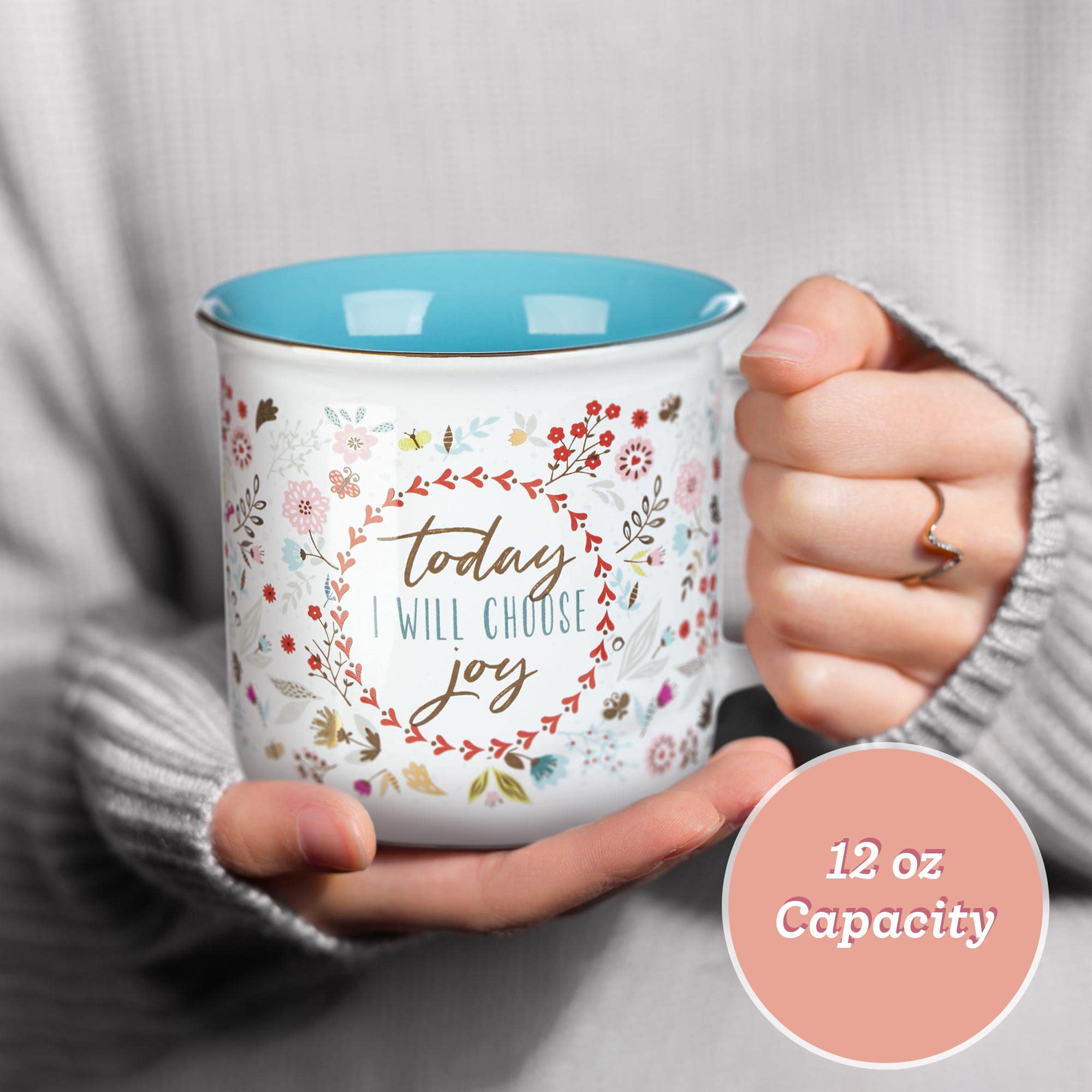 Today I Will Choose Joy Positive Message Encouraging Cute Mug for Women Floral Design Blue/White Ceramic Cup for Coffee/Tea, Met