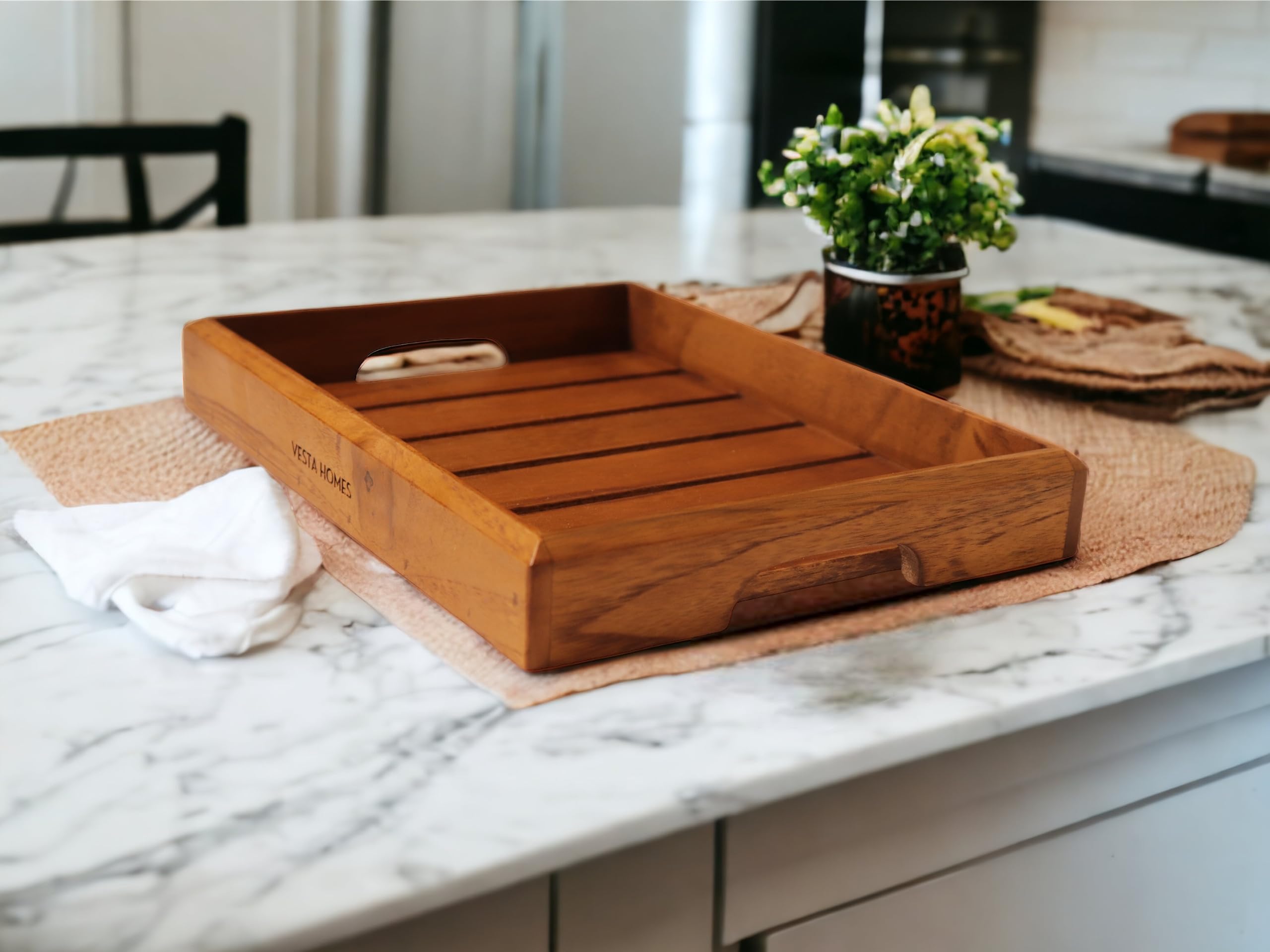 Vesta Homes Medium Teak Wood Serving Tray For Home, Kitchen, Breakfast, Restaurant, Office Organizer, Dining Table | Premium Woo