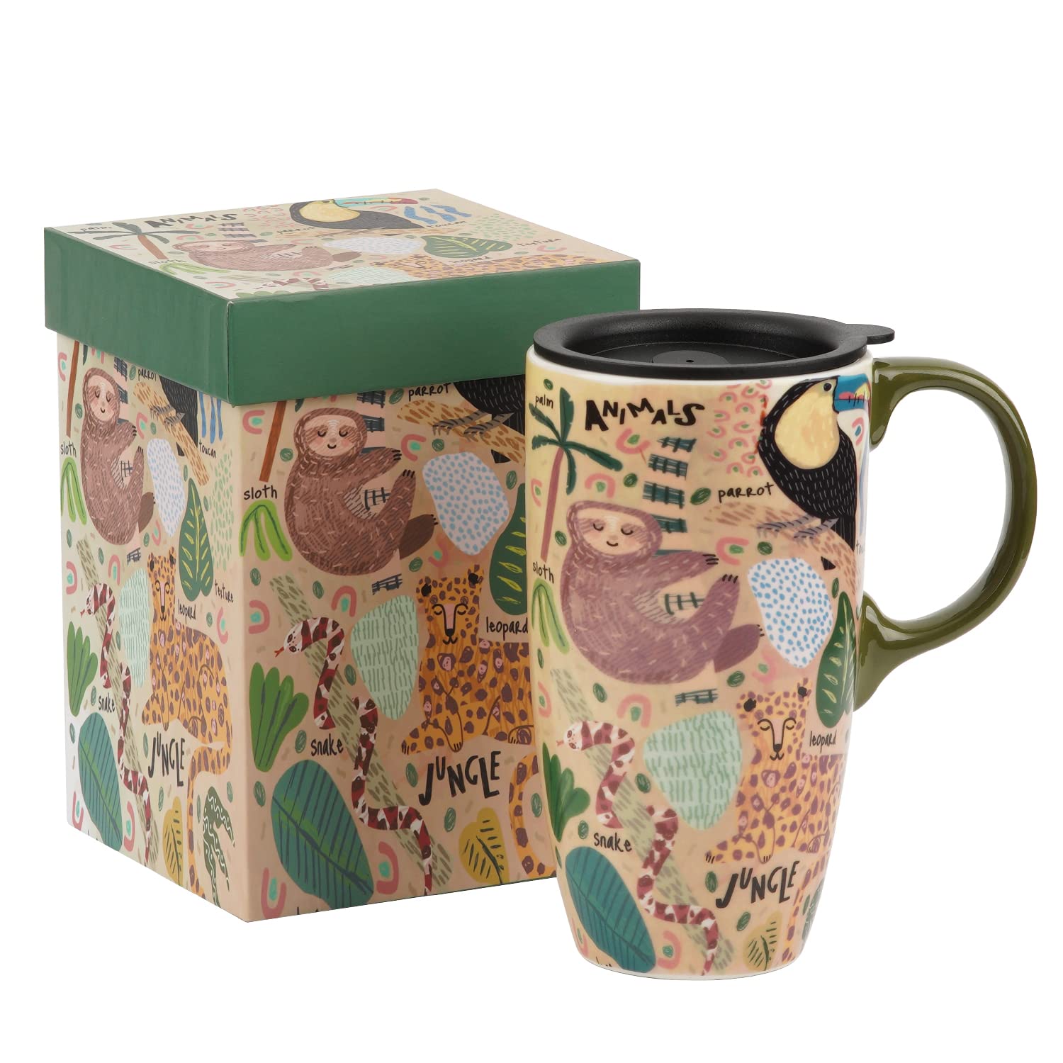 Topadorn 17oz Ceramic Travel Mug with Lid, Jungle Animal Coffee Mug