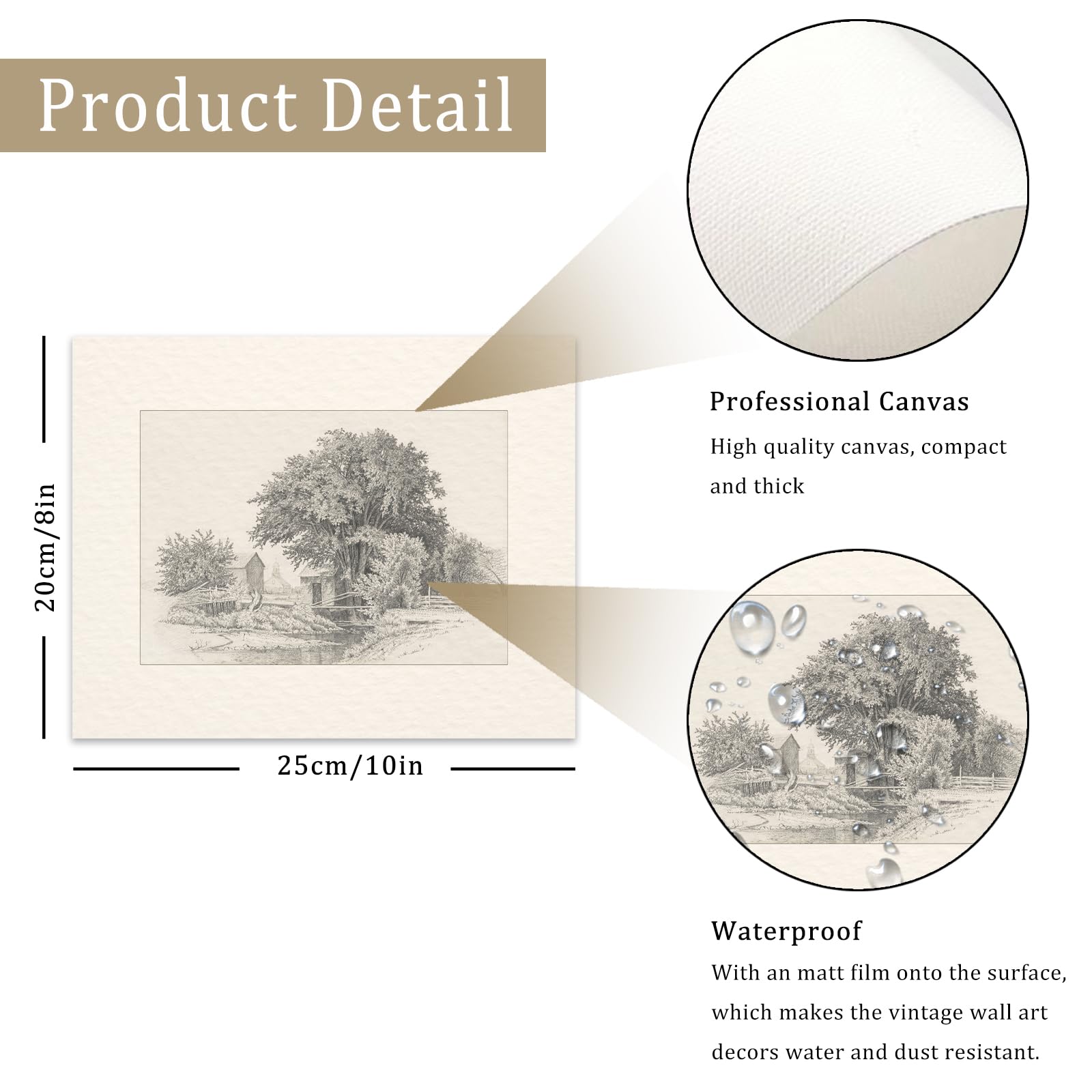 Neutral Vintage Wall Art For Home Decor, Farmhouse Landscape Sketches Wall Decor, Rustic Nature Canvas Prints Vintage Landscape