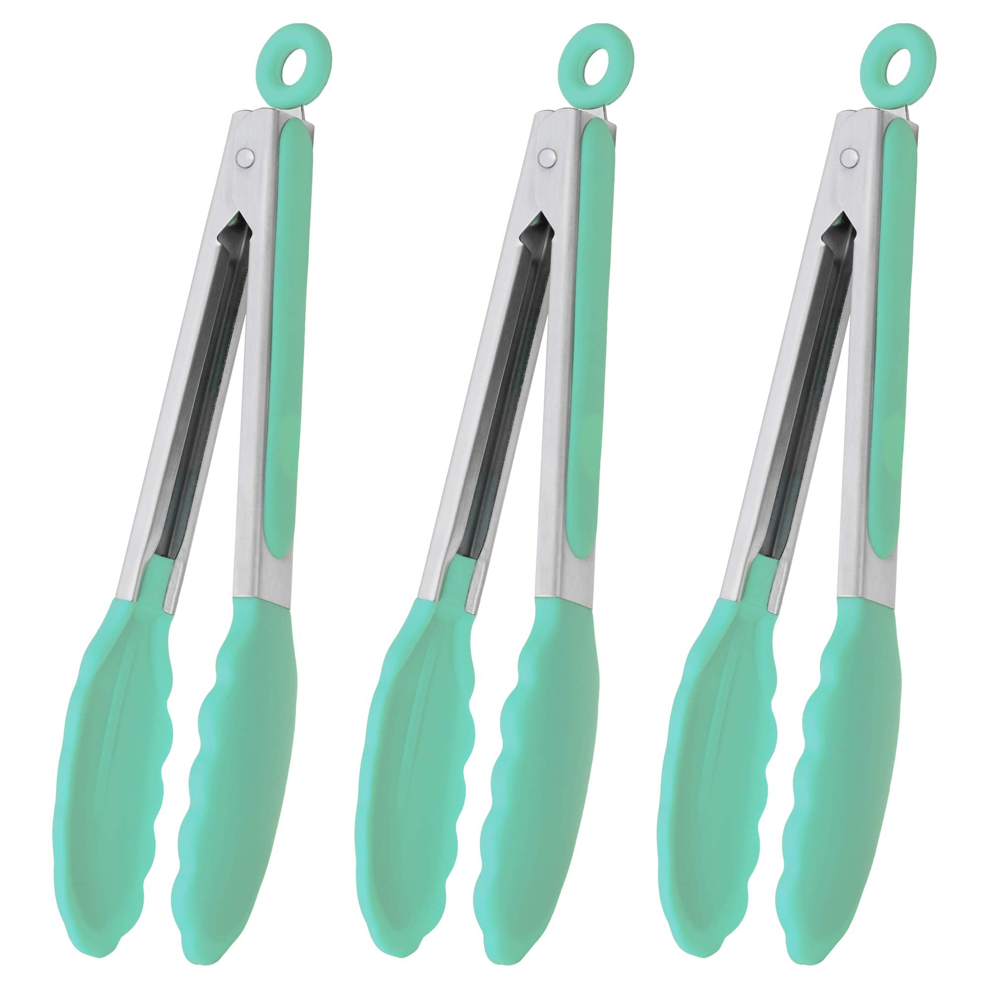 Hinmay Kitchen Cooking Tongs With Silicone Tips 9-Inch Food Tongs, Set Of 3 (Mint)