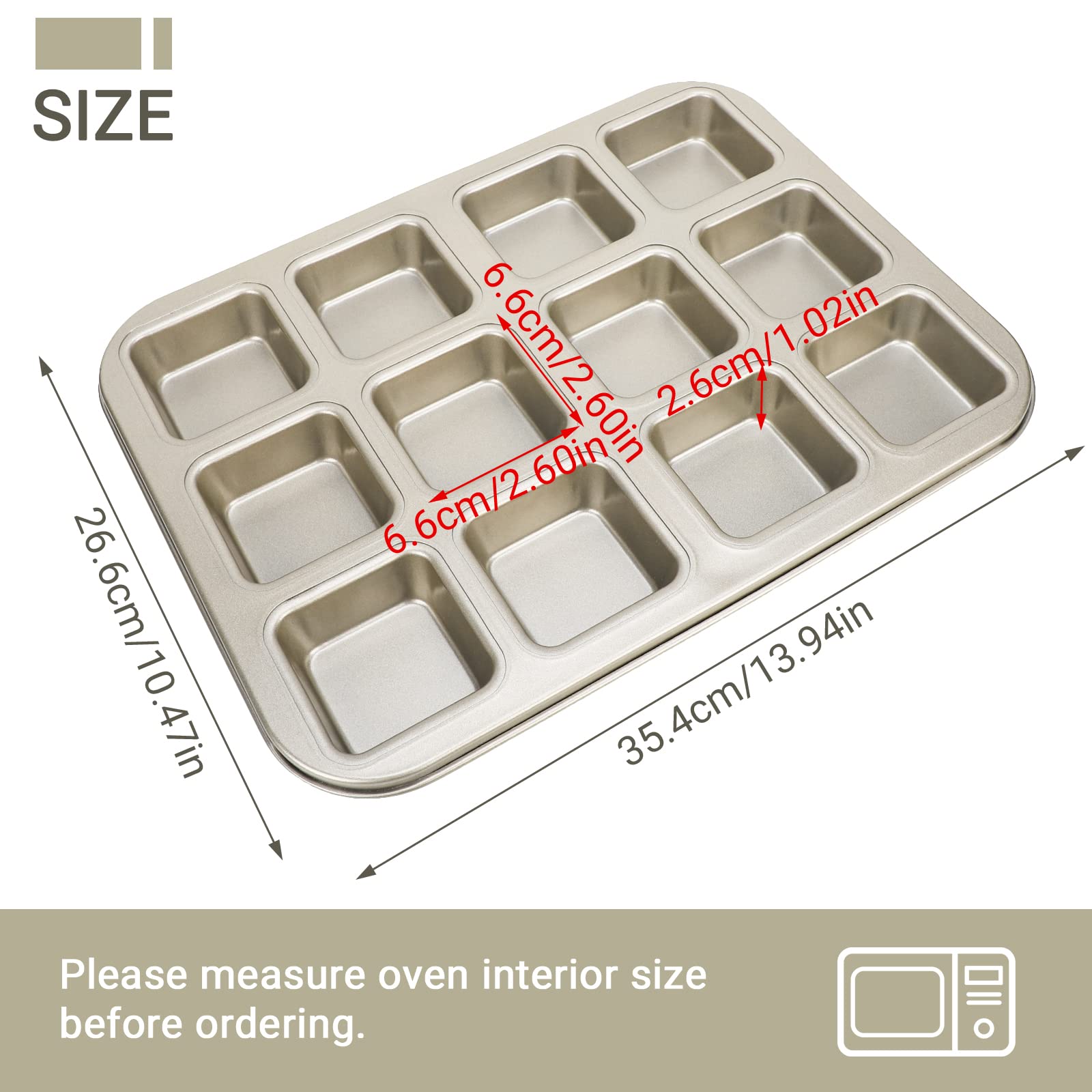 Beasea Brownie Pan With Dividers, 2 Set Gold All Edges Square Cupcake Brownie Pans 12 Mini Cavity Non Stick Baking Carbon Steel