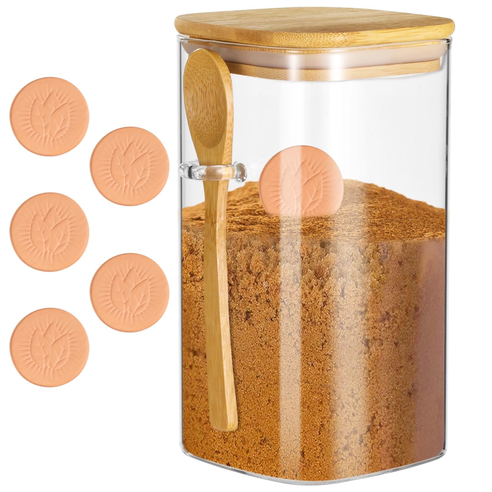 Brown Sugar Storage Container, Glass Sugar Keeper with 5 Terra Cotta Savers, Airtight Food Storage with Wooden Lid and Spoon, Re
