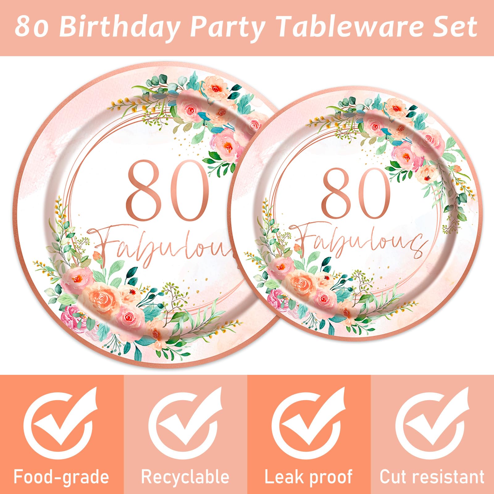 Obusatt 96Pcs Floral 80 Fabulous Party Supplies 80Th Birthday Paper Plates Napkins Rose Gold Party Decorations 80 Years Dinnerwa