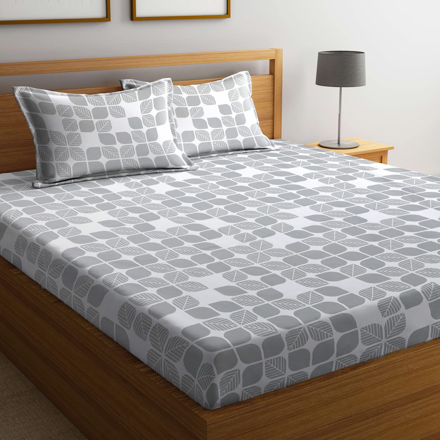 Linenaffairs Flat Bedsheet With 2 Pillow Cover - Cotton Bedsheet/Bedsheets/Bed Sheet - Silver Grey Leaves_King
