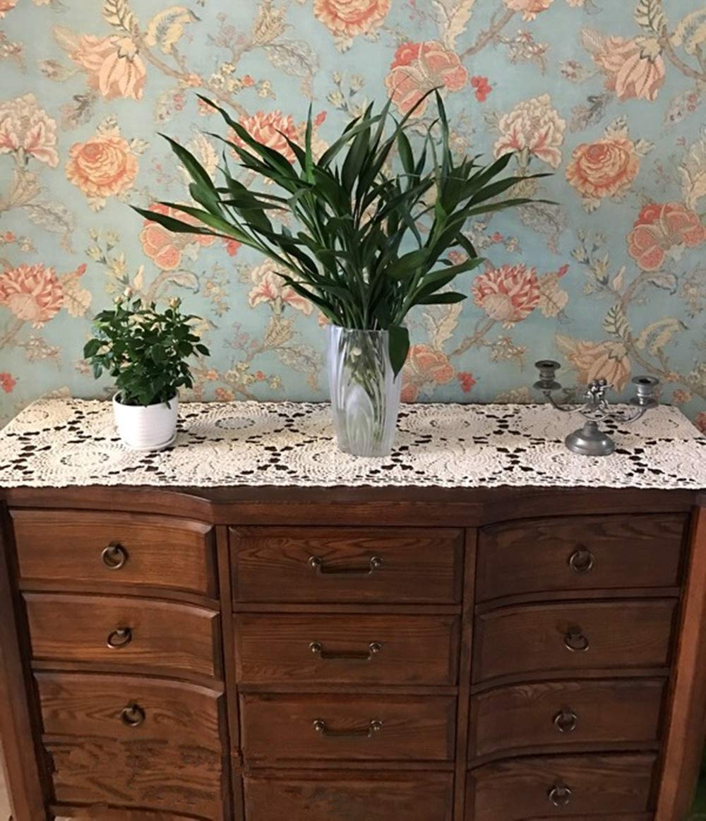 Ustide Rustic Floral Table Runner Hand Crochet Table Doily White Cotton Lace Table Decoration For Coffee Table 15''X70''