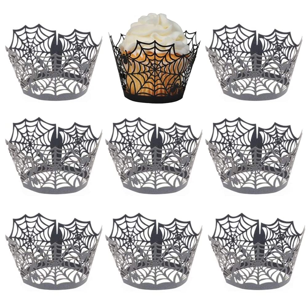 Halloween Cupcake Wrappers 50 Pack, Gawertoy Spiderweb Cupcake Wrappers Laser Cut Spider Web Cupcake Liners Paper Cupcake Wraps