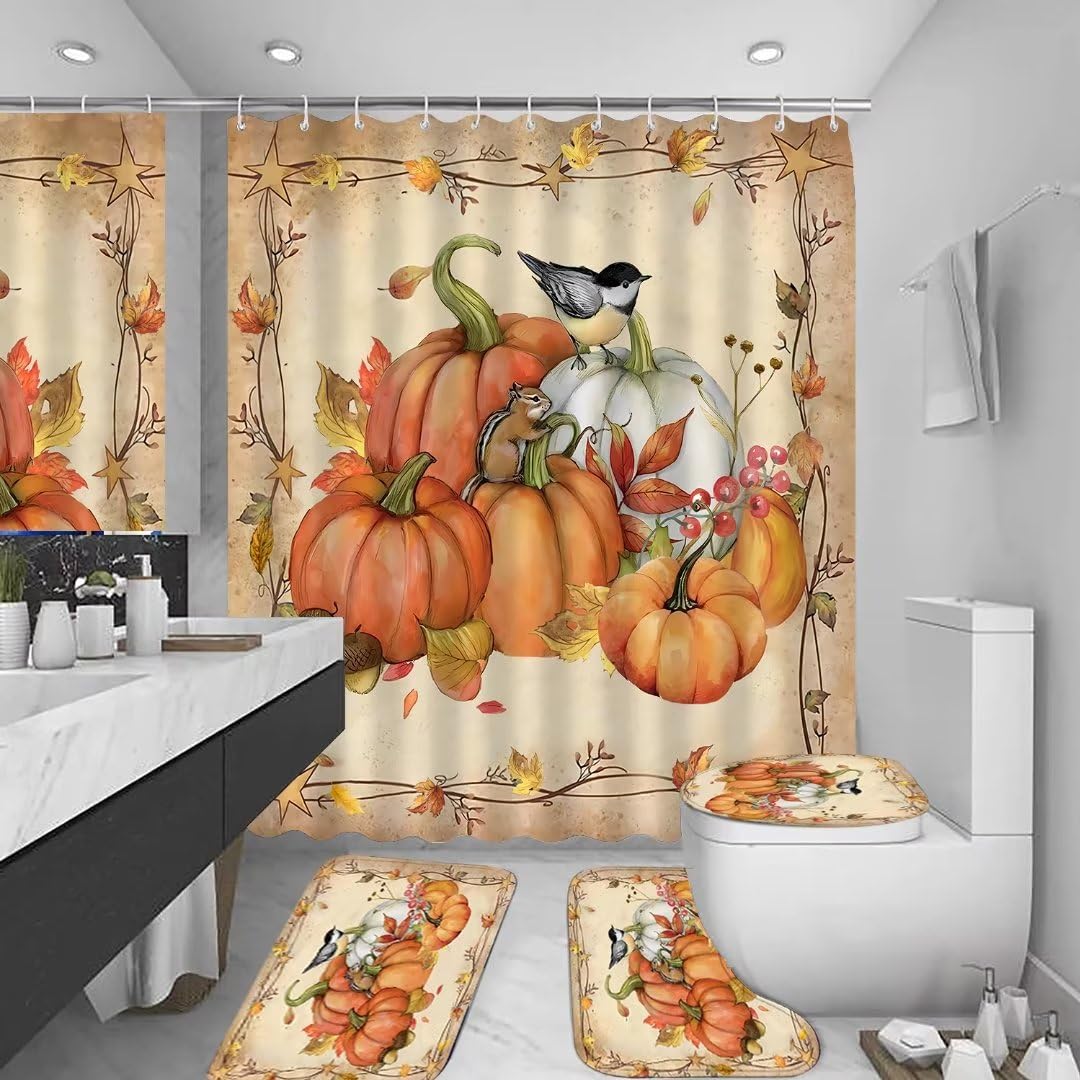 FZDHHY 4Pcs Pumpkin Shower Curtain Set Fall Bathroom Set Thanksgiving Bathroom Decor Set Autumn Shower Curtain Set with Rugs wit
