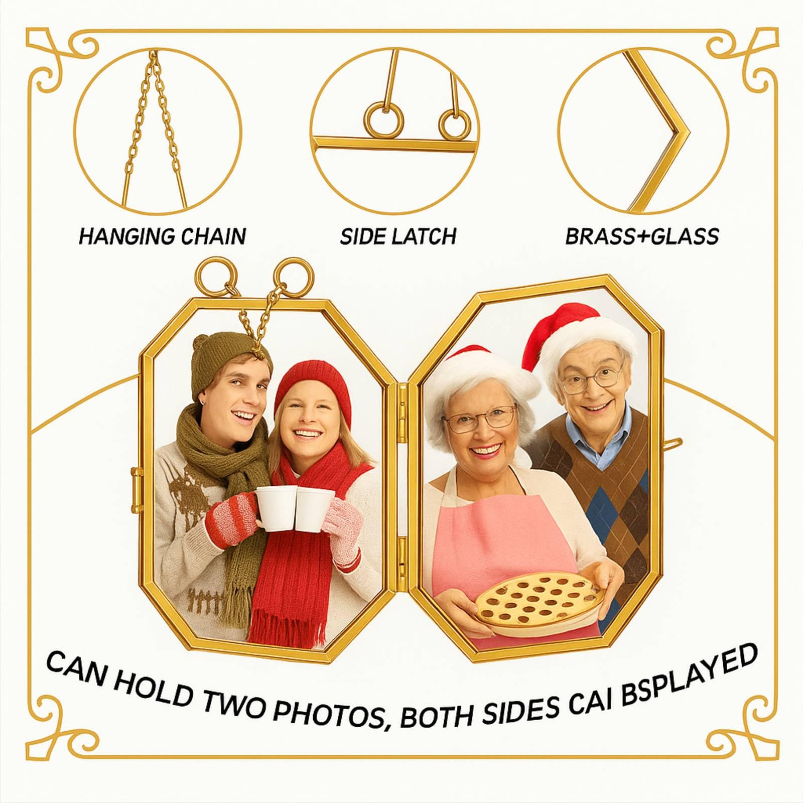 Qunclay 6 Pcs 2x3 4x3.4 2.7x3.5 Christmas Brass Picture Frame Ornaments Xmas Metal Double Glass Hanging Photo Frame with Metal C
