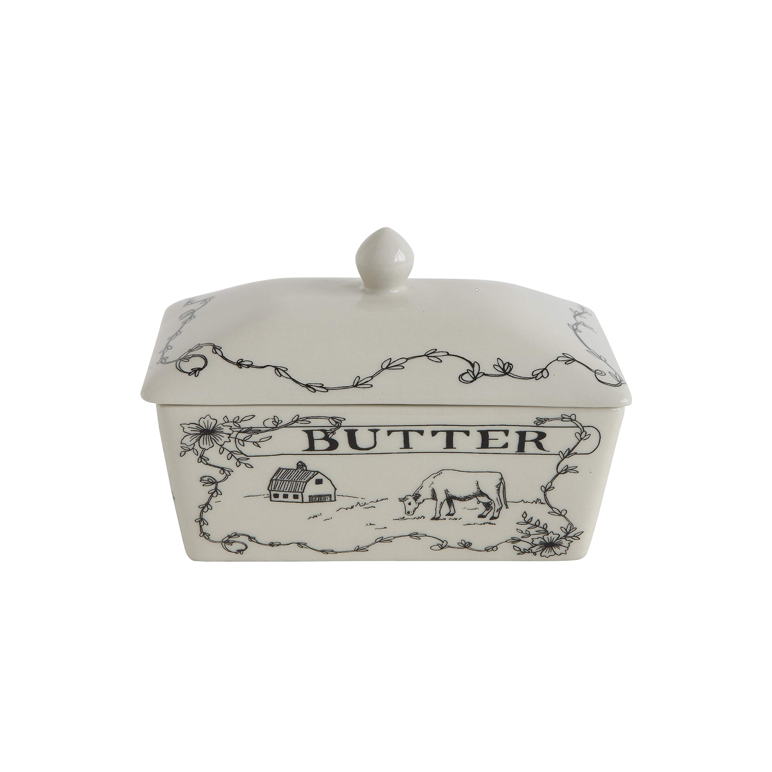 Creative Co-Op Country Stoneware Butter Dish With Lid, ''Spread The Love'' Message, And Farm Line Drawing, White And Black