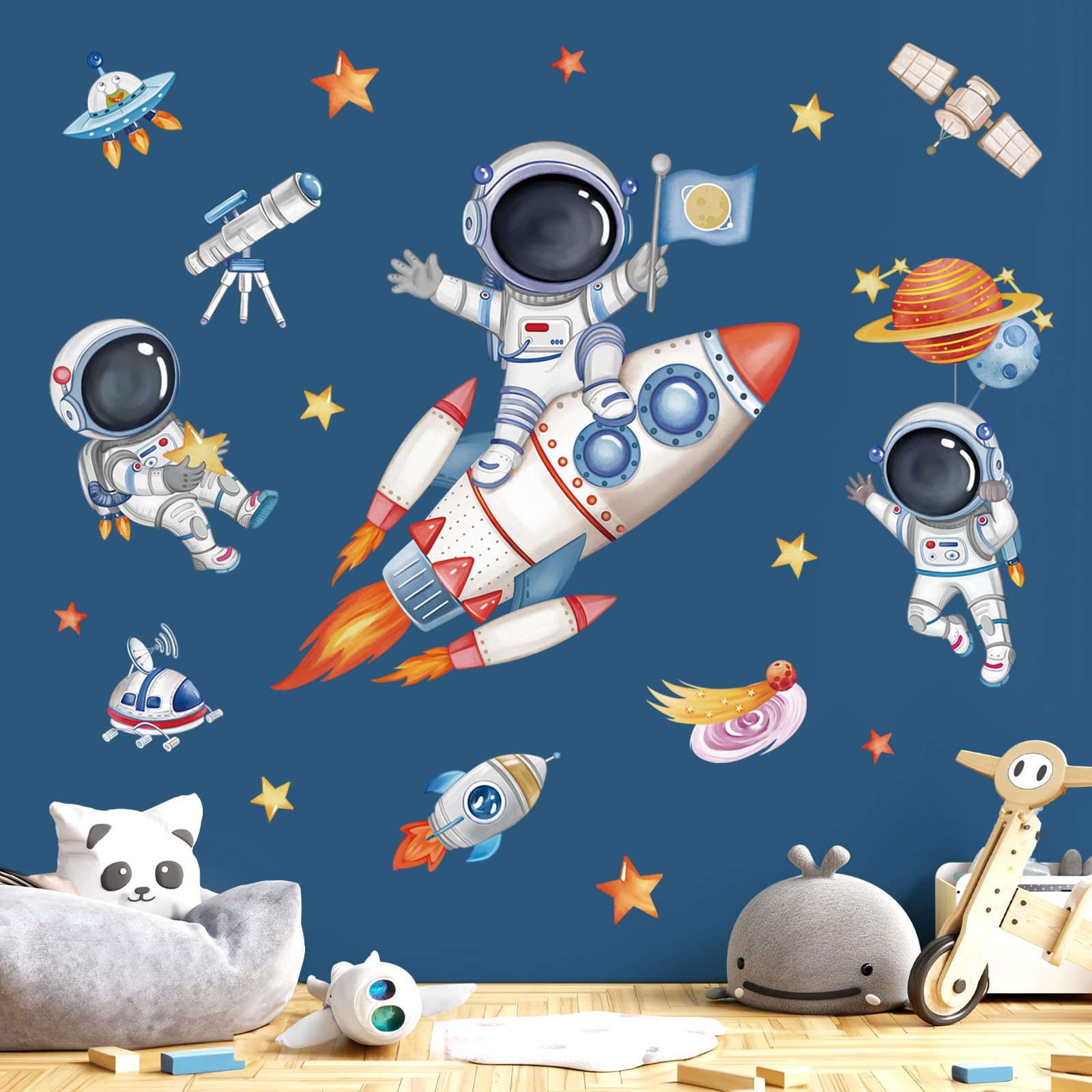 Wondever Rocket Astronaut Wall Stickers Universe Space Planet Outer Space Peel And Stick Wall Art Decals For Baby Nursery Kids B