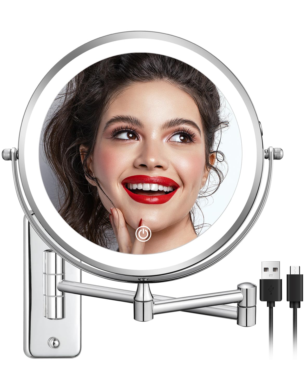 DECLUTTR Rechargeable Wall Mounted Makeup Mirror  8 Inch 1X/10X Magnifying Mirror with 3 Color Lights  Dimmable LED Lighted Makeup Mirror with Double Sided