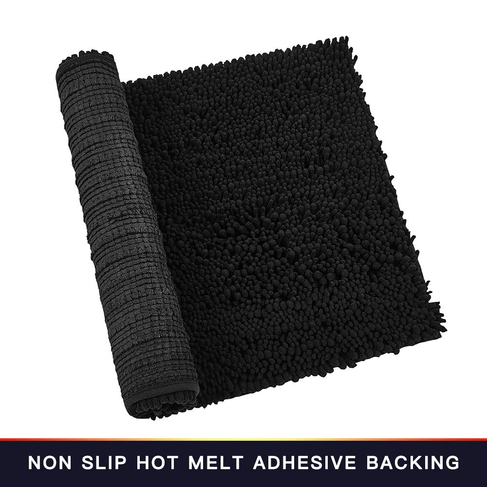 Walensee Bathroom Rug Non Slip Bath Mat (32x20 Inch Black) Water Absorbent Super Soft Shaggy Chenille Machine Washable Dry Extra Thick Perfect Absorbant Best Large Plush Carpet for Shower Floor