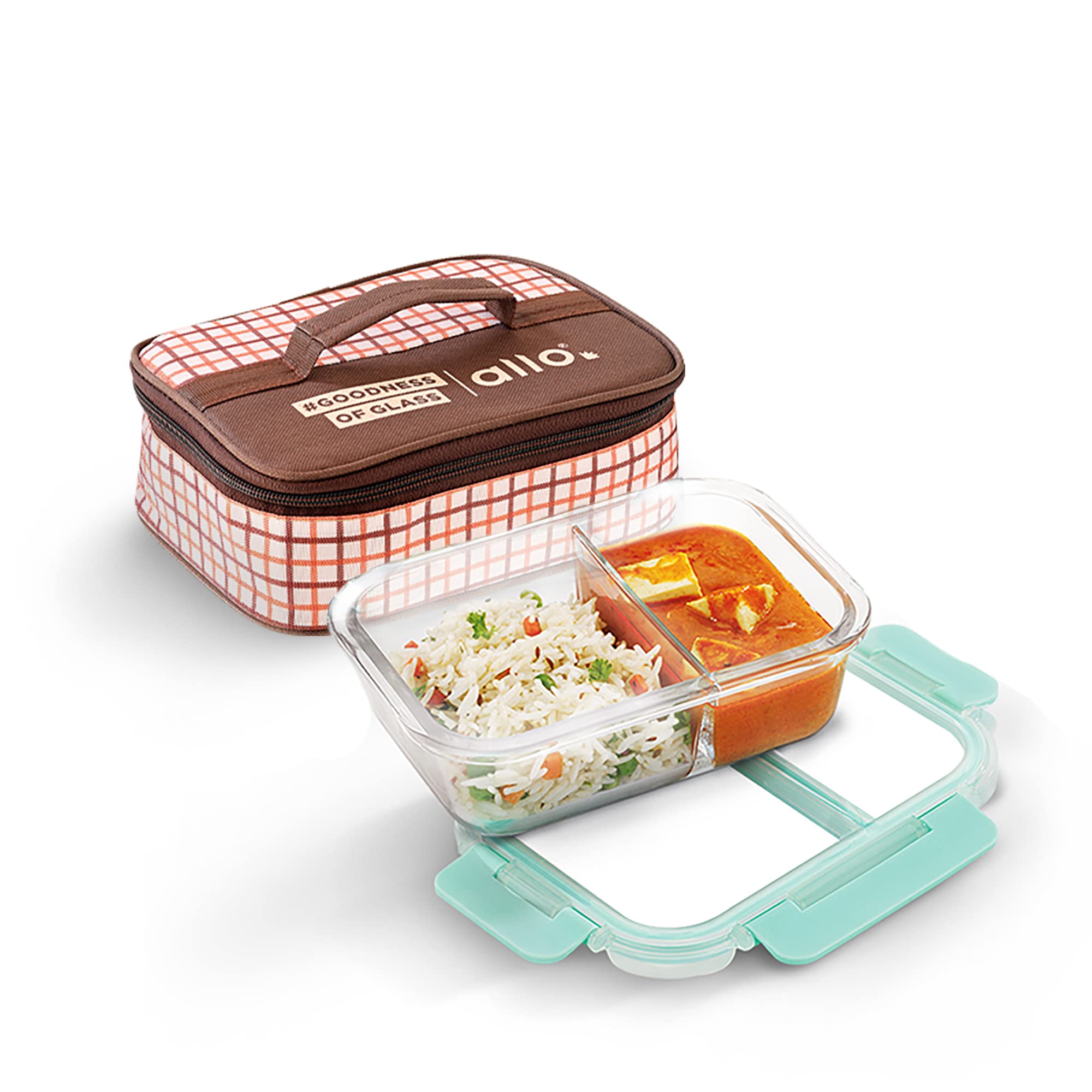 Allo Foodsafe Compartment Glass Lunch Box With Break Free Lock, Microwave Safe, Borosilicate Glass Container With Partition Divi