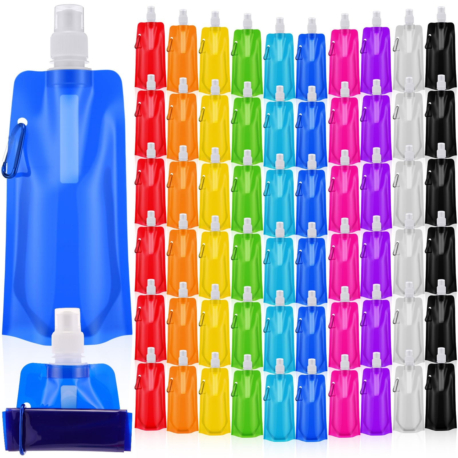 Teenyyou 100 Pack Collapsible Water Bottles Bulk 16oz Foldable Water Bottles with Carabiner Reusable Drinking Leak Proof Contain