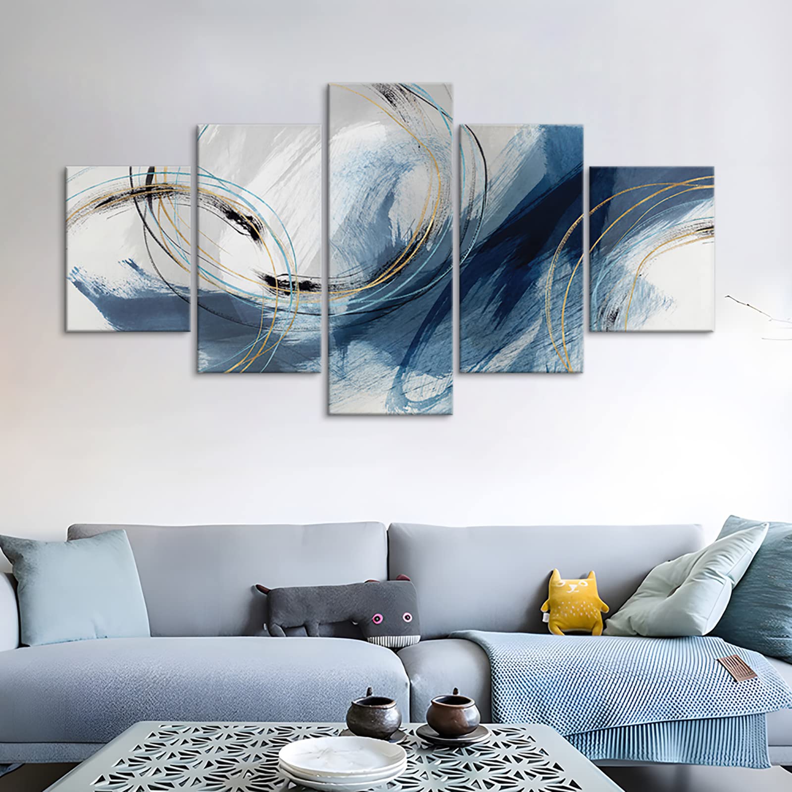 Fu-Keivy Blue Grey Abstract Canvas Wall Art Decor Fantasy Modern Artwork Painting For Living Room Bedroom 5 Panel Wall Pictures