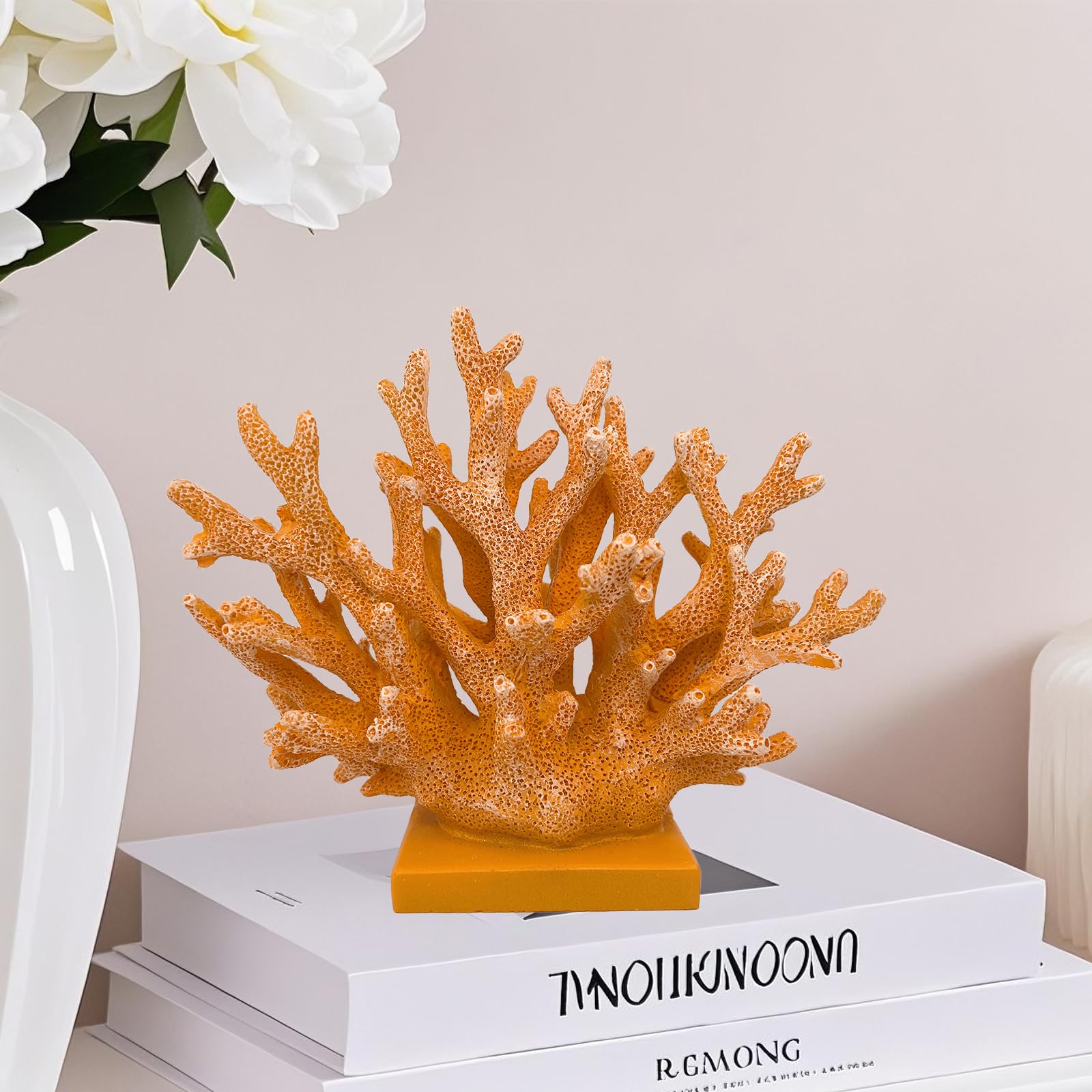 Elegondrar 5.8 H Orange Coral Decor - Resin Coral Statue, Nautical Decor for Home, Bedroom, Bathroom, Living Room, Ocean Themed