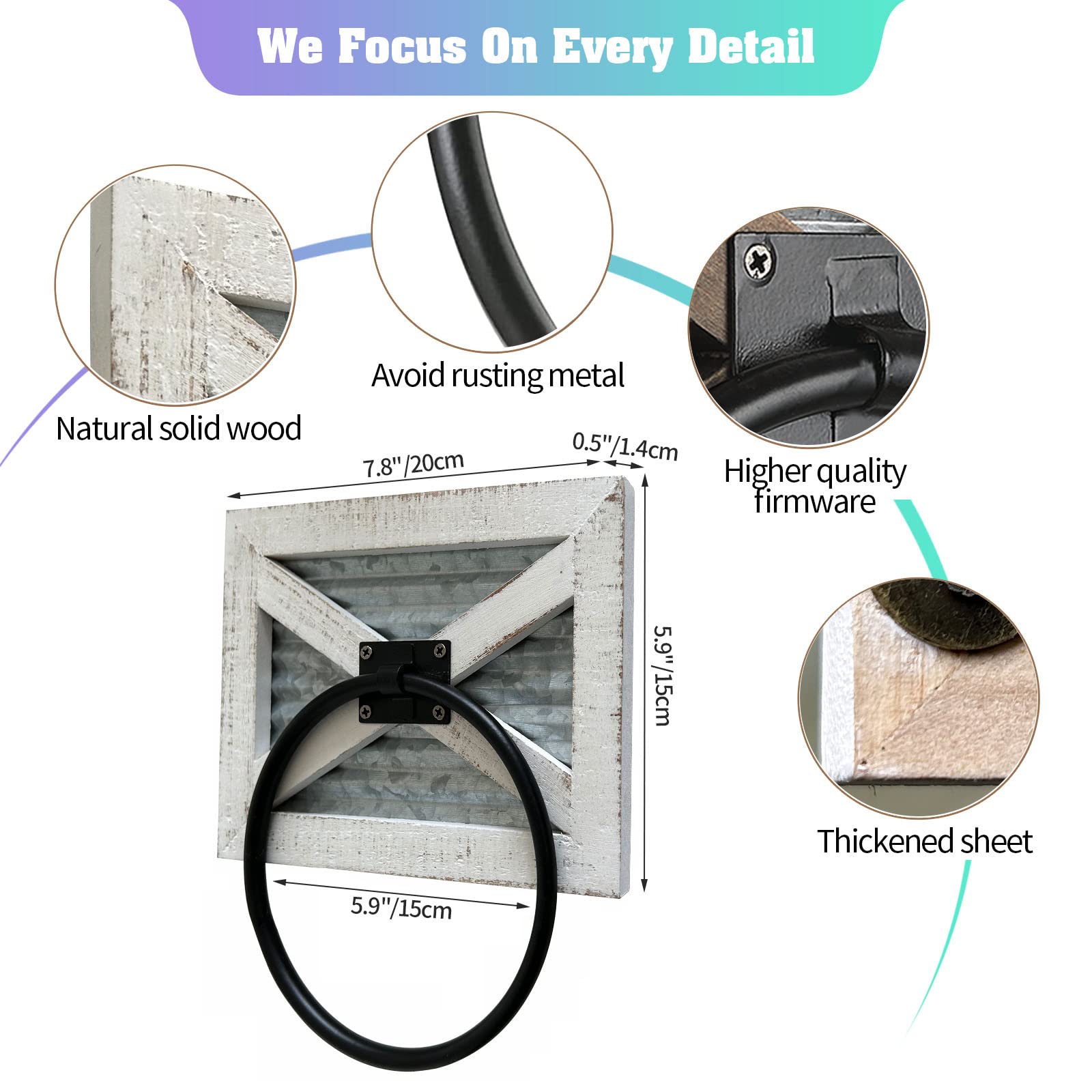 Farmhouse Bathroom Rustic Towel Ring With Galvanized Metal& Black Metal - Rustic Weathered White Wood Wall Mount Hand Towel Hold