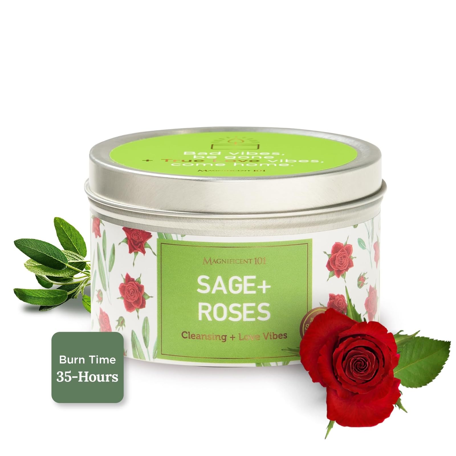 MAGNIFICENT 101 SAGE + Roses Aromatherapy Candle for House Energy Cleansing, Banishes Negative Energy I Purification and Chakra