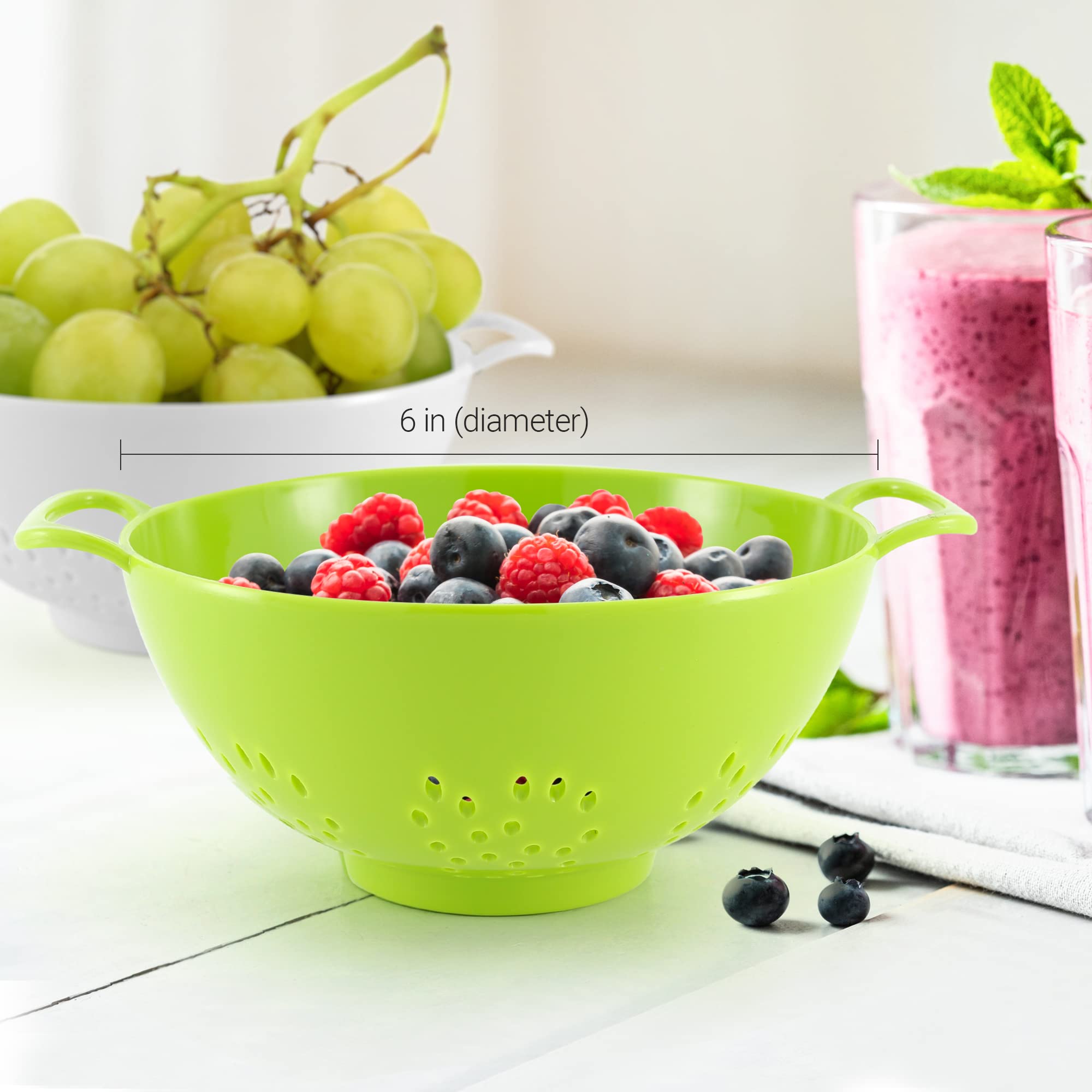 Meadow Lane Goods 6-Inch, 3 Cup Personal Colander With Dual Handles For Fruit  Vegetable Portion Control (2 Pack, Green And Whit