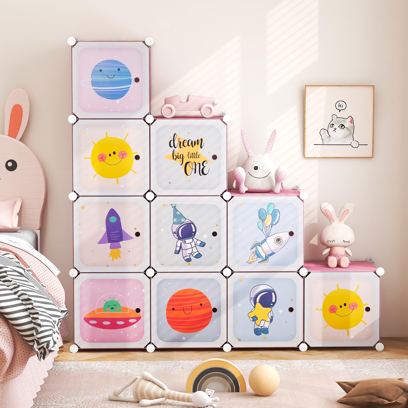 Infans Children Wardrobe, Kid Closet Portable Baby Dresser Cute For Kids Bedroom Nursery Armoire With Doors 12 Cube 2 Hanging Se