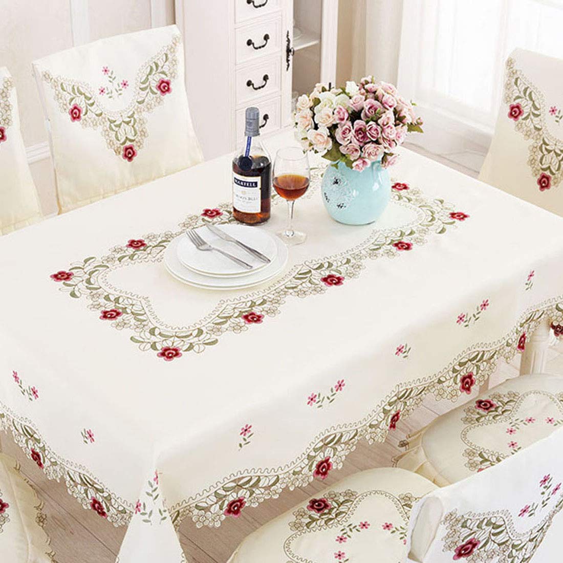 Lelehome 50 Inch Square Red Flower Embroidered Lace Cream Tablecloth, Vintage Classic Rose Table Cloth Cover For Dining Kitchen