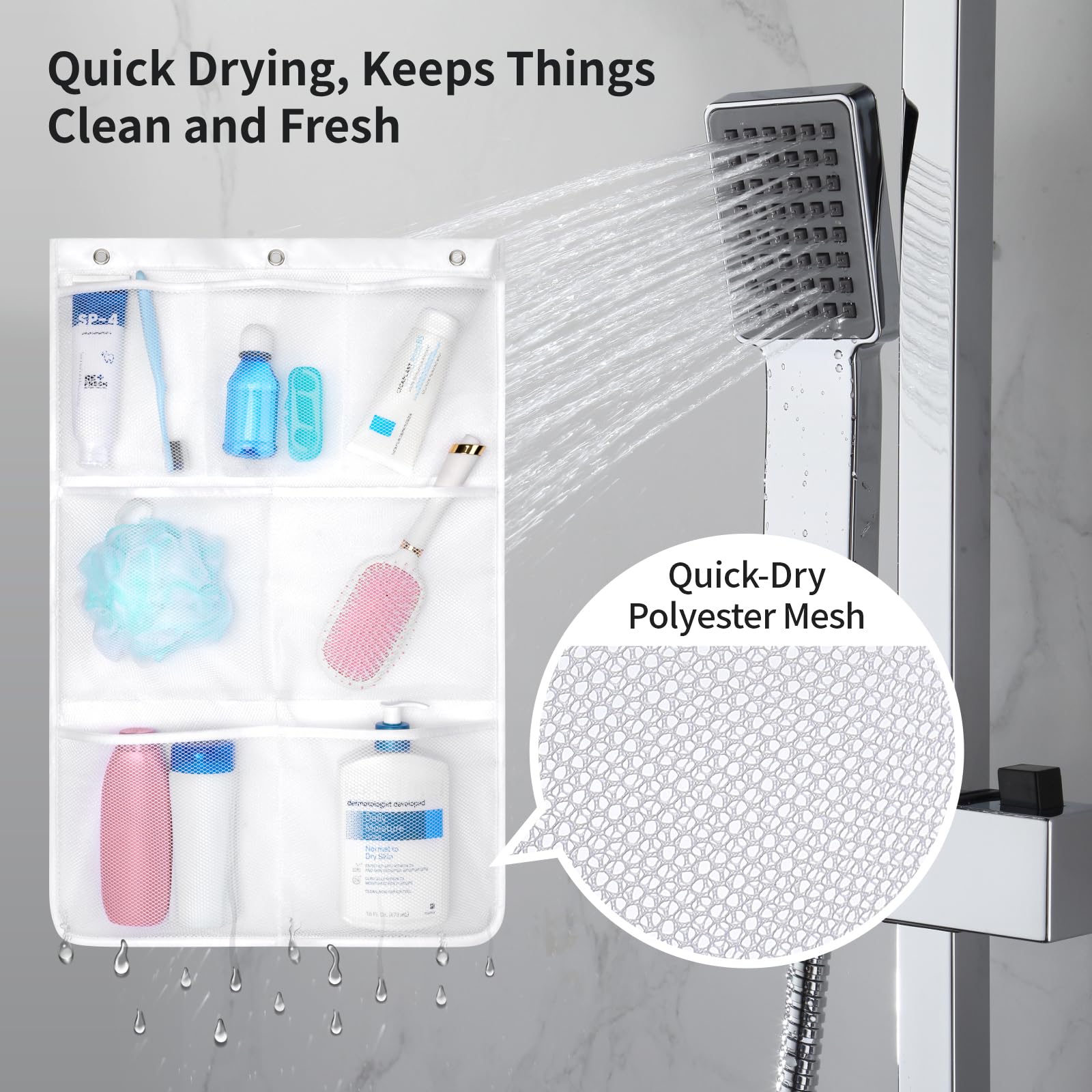 F-Color Shower Organizer For Cruise Ship Essentials - With 3 Adhesive Hooks And 3 Metal Loop Hangers, Quick Dry Mesh Shower Cadd
