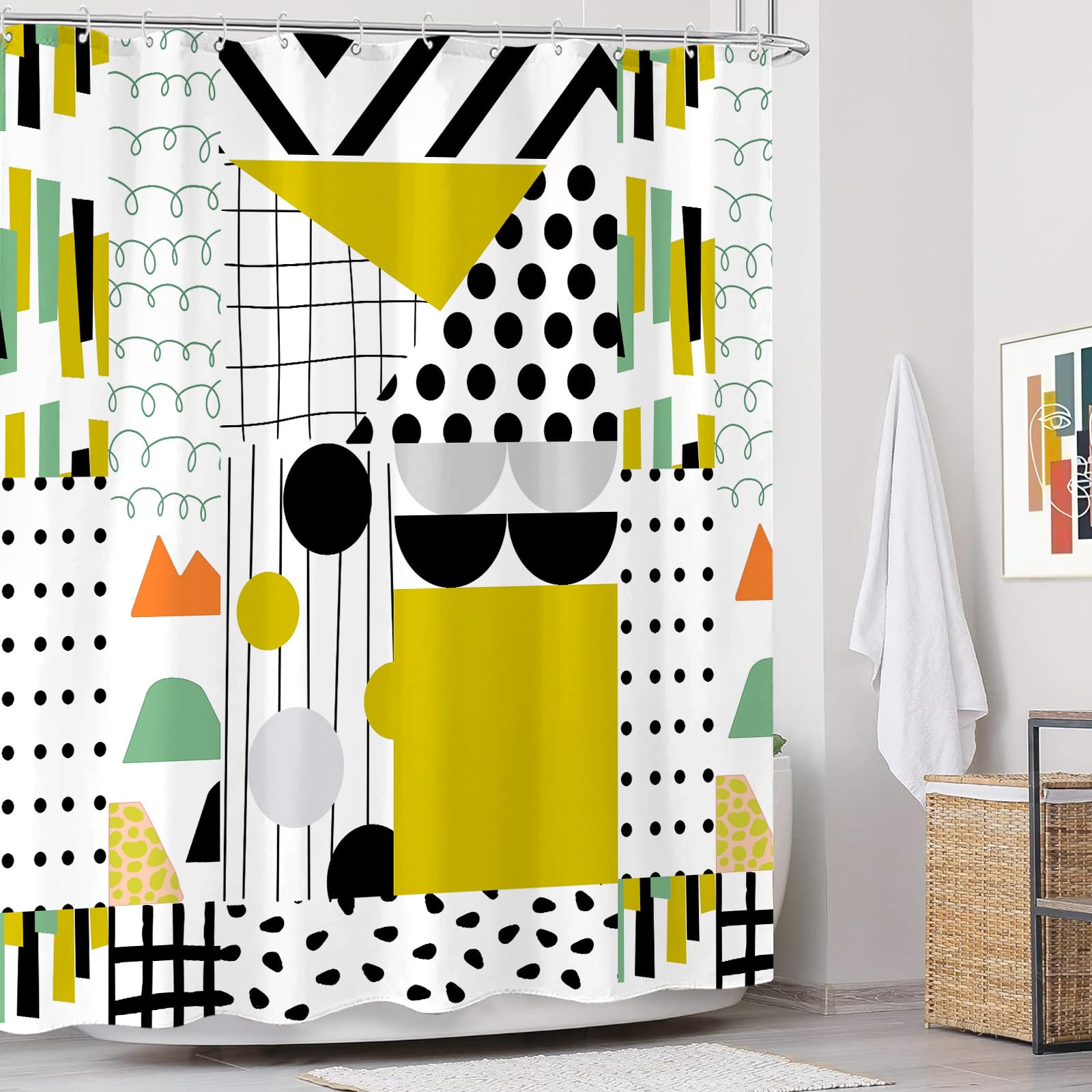 Zussun 84 Inch Extra Long Bright Geometric Shower Curtain Mid Century Modern Shower Curtains for Bathroom Abstract Yellow Black White Waterproof Fabric Bath Curtain with Hooks (Yellow2  72'' x 84'')