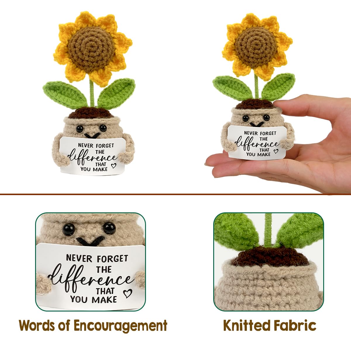 Tiny Detalles Mini Positive Crochet Sunflower, Cute Cheer Up Gifts for Women, Crochet Plant with Optimistic Card for Nurse Teach