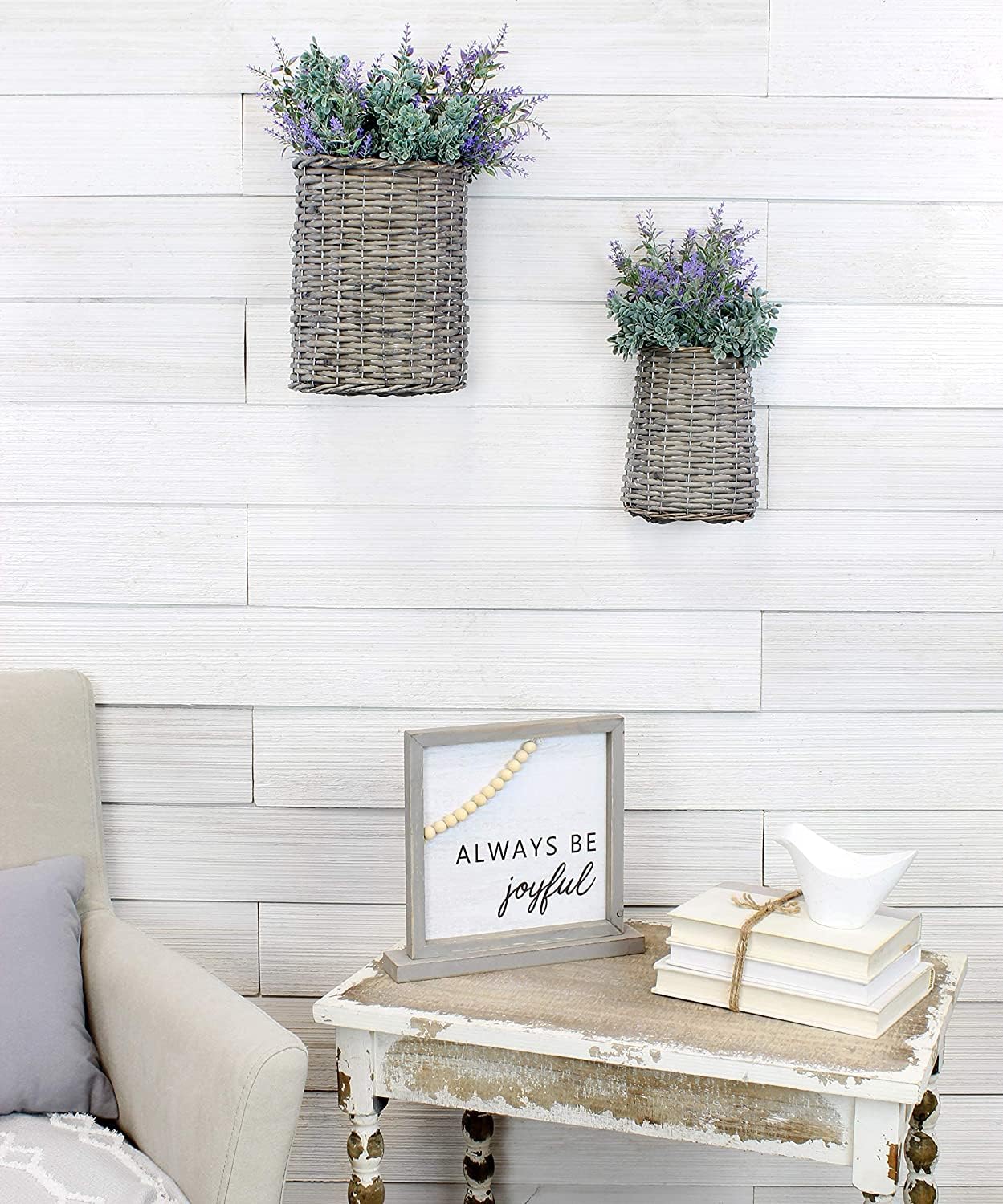 AuldHome Wall Hanging Baskets (Set of 2  Gray); Woven Wicker Rustic Farmhouse Gray Washed Door Baskets  Small and Medium Size