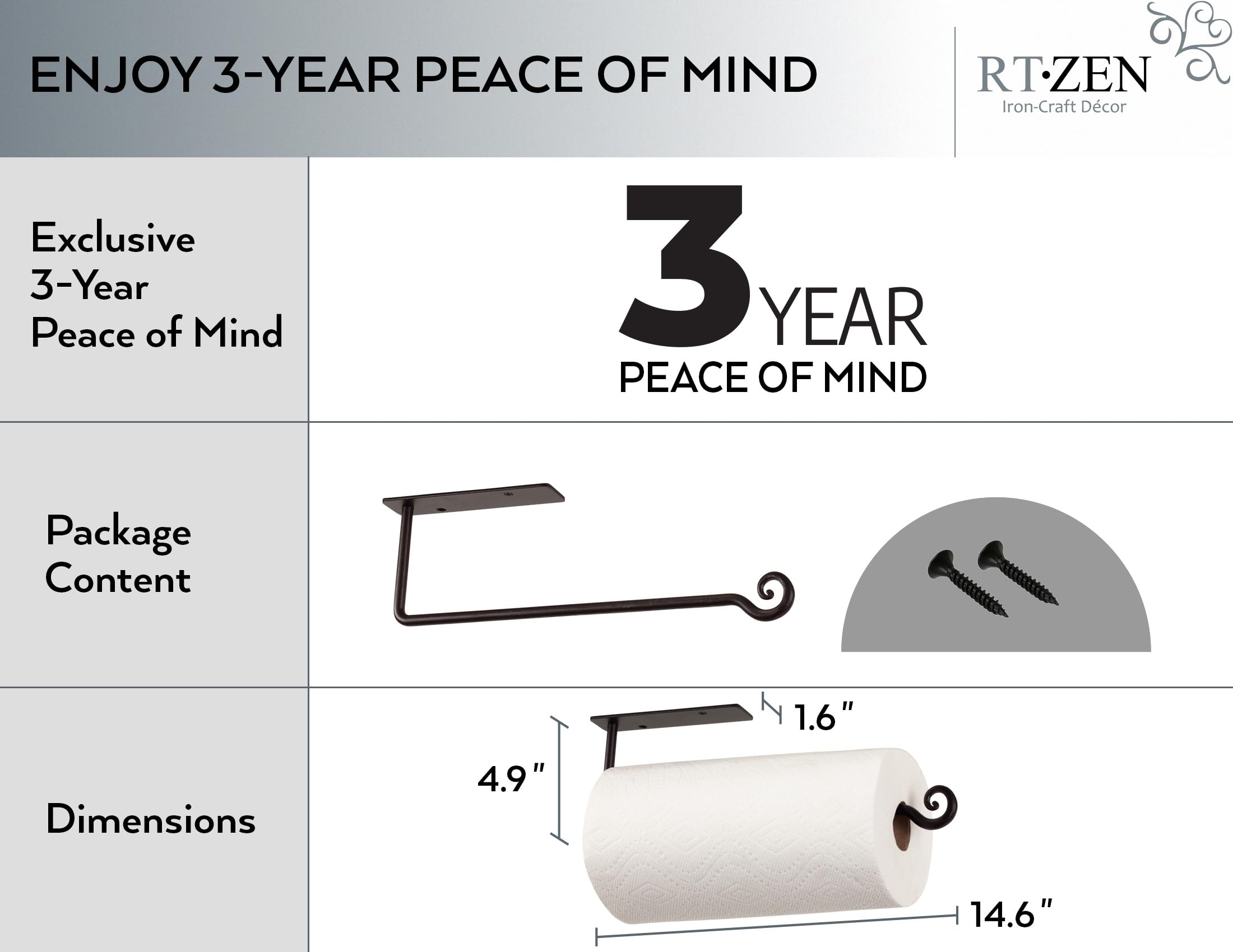 Rtzen Under Cabinet Paper Towel Holder - Wrought Iron Cute Black Farmhouse Decor Inside Cabinet Or Under Counter - Paper Towel H