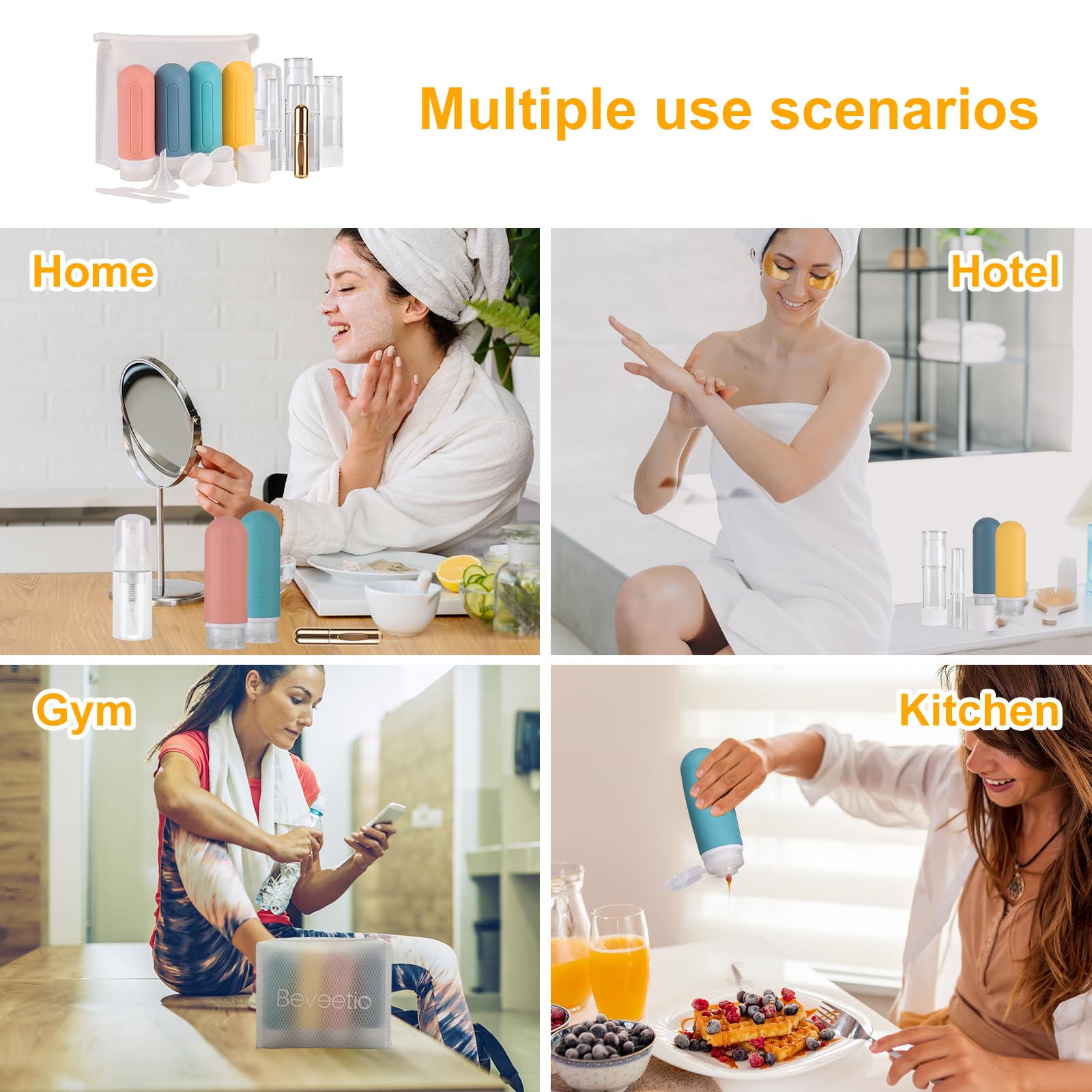 Beveetio 19 Pack Travel Bottles TSA Approved  3OZ Leakproof Silicone Refillable Travel Size Containers for Toiletries  BPA Free Travel Accessories Tubes Cosmetic Shampoo Lotion Soap (Multicolor 02)