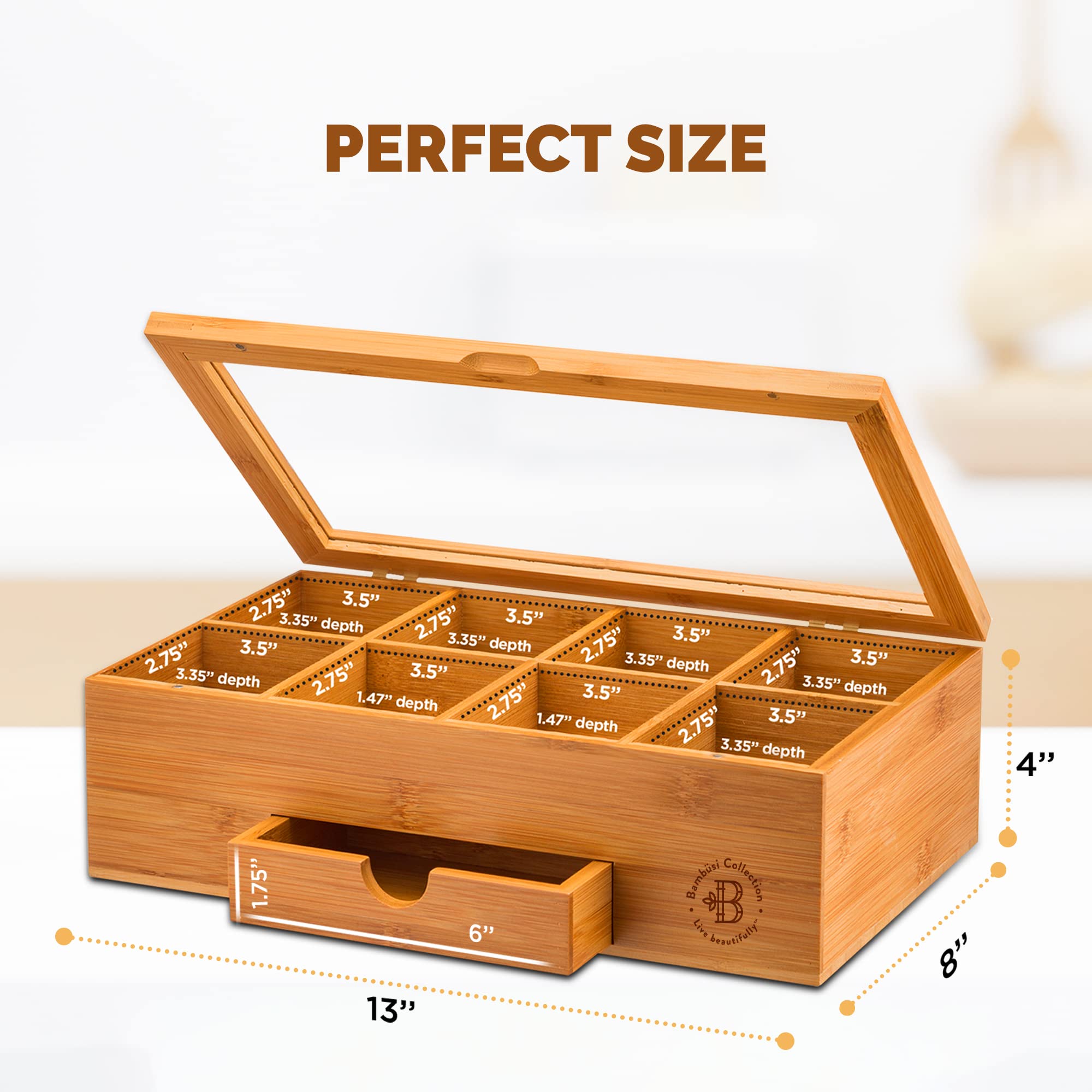 Bambüsi Bamboo Tea Bag Organizer Storage Box with Drawer - 3.9x12.9x7.9 inches - Magnetic Lid - Ideal Gift for Mom