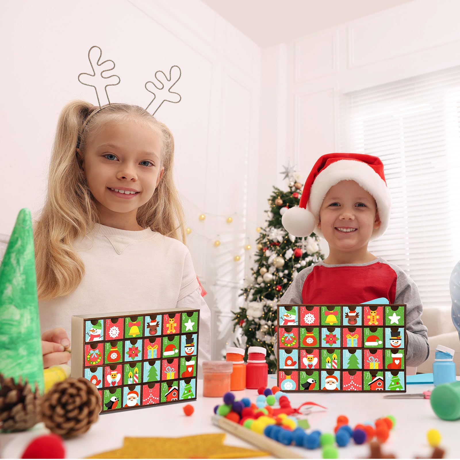 Sliner 2 Pcs Christmas Wooden Advent Calendar with 24 Drawers Countdown to Christmas Storage Organizer, DIY Unfinished Storage B