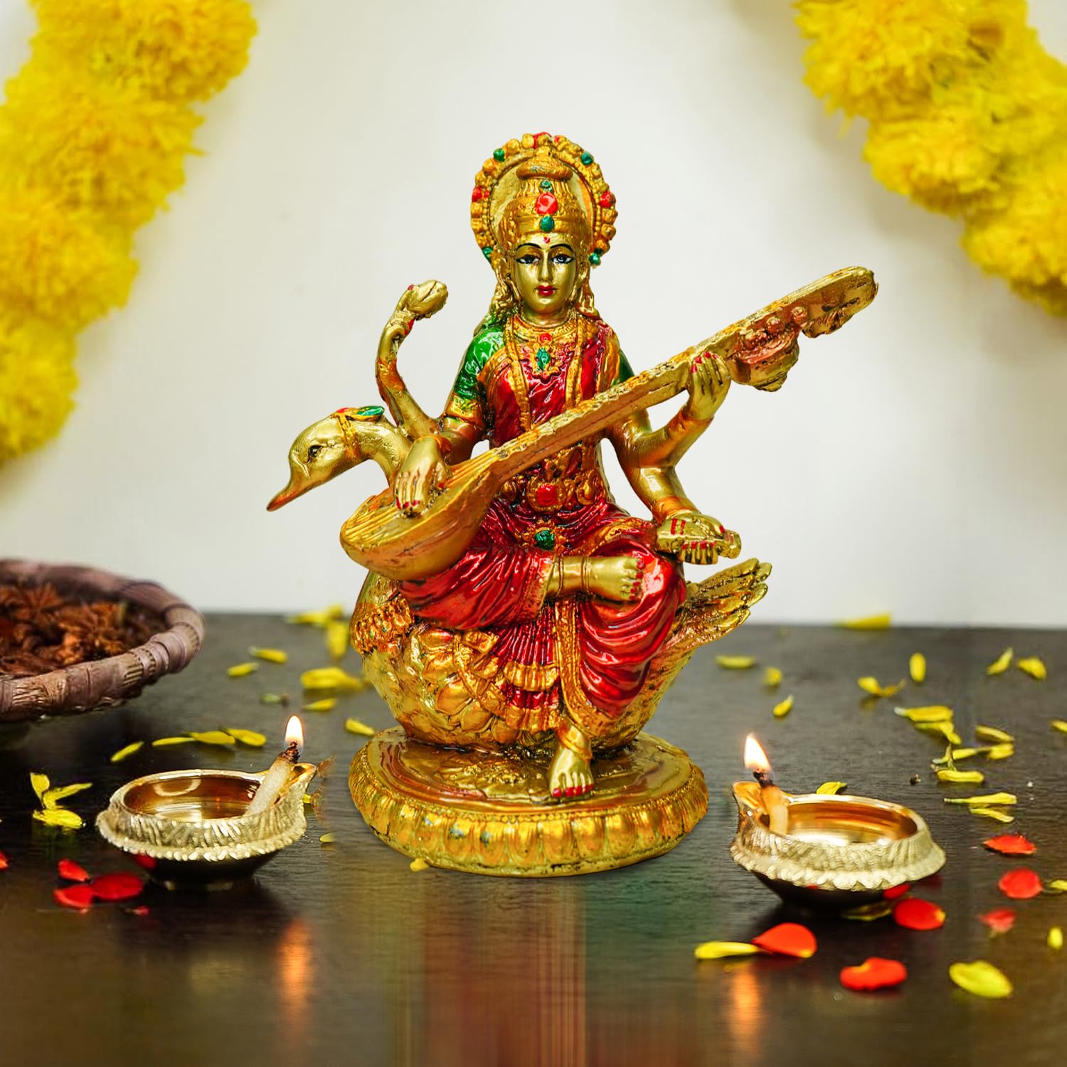 Ekhasa Hand Painted Maa Saraswati Idol (8 Inch) | Gold Marble Dust Saraswati Maa Murti For Study Table, Pooja, Home | Resin Sara