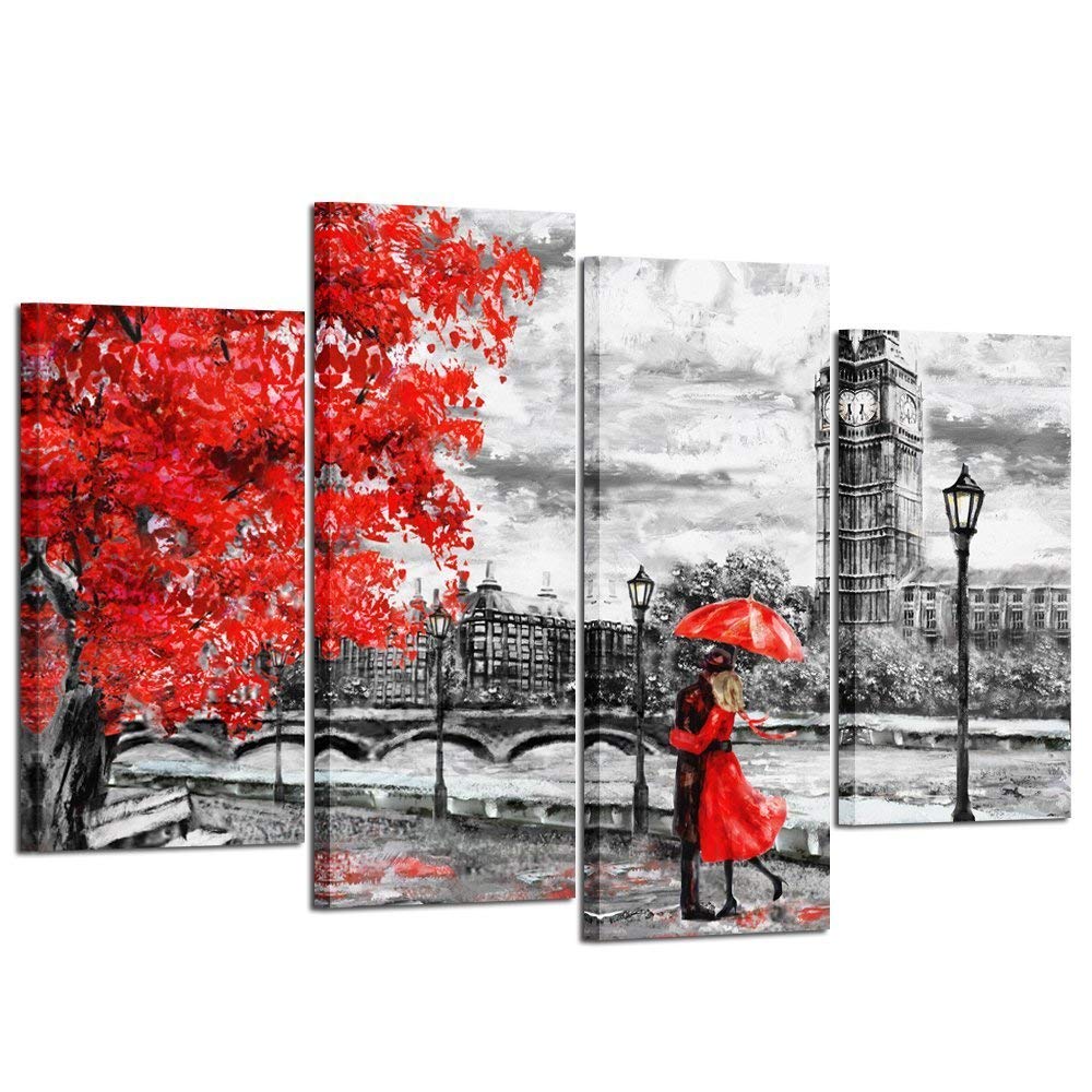 Kreative Arts 4Pcs Contemporary Wall Art Black White And Red Umbrella Couple In Street Big Ben Oil Painting Printed On Canvas Ro