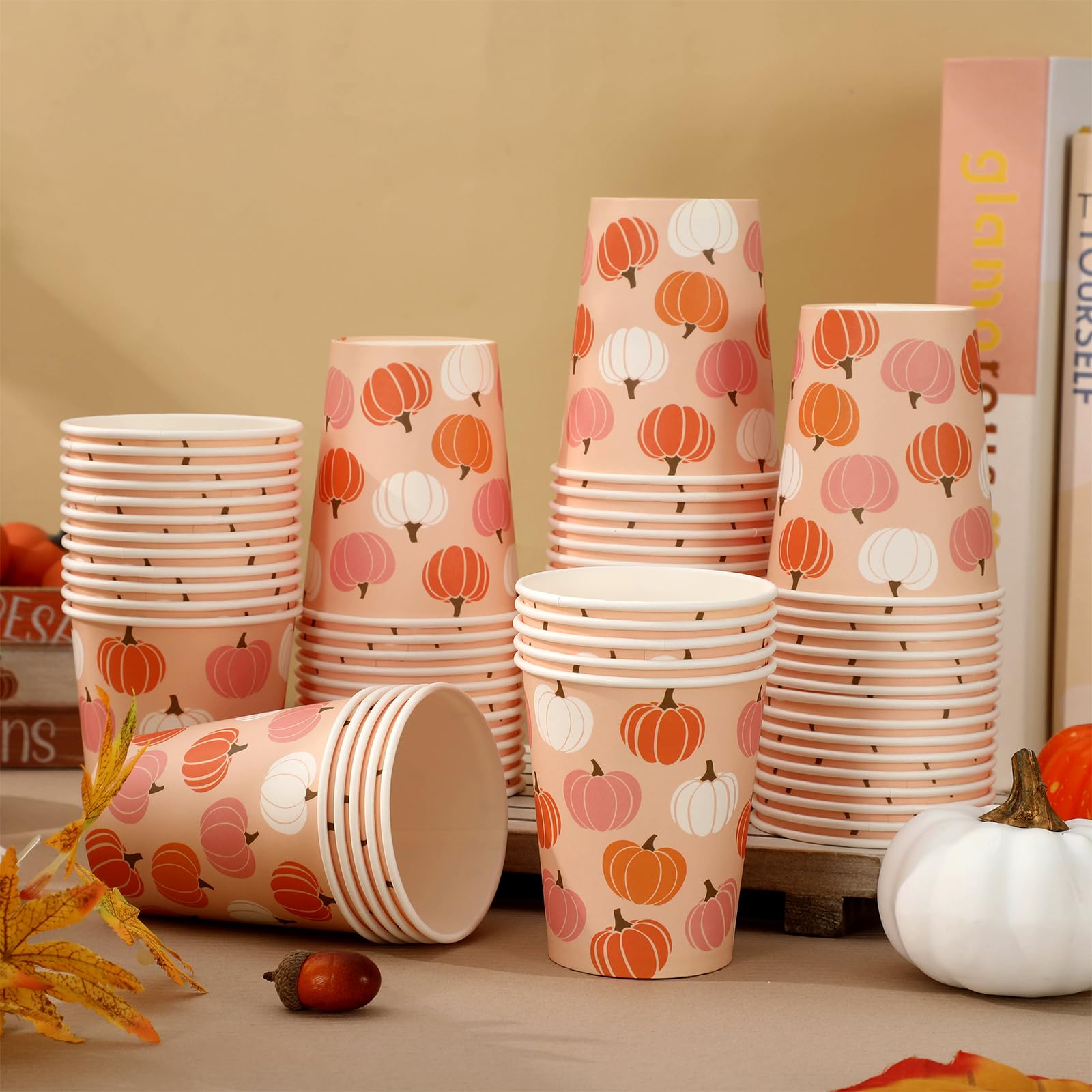 FYSUIMU 100Pcs Fall Paper Cups 9oz Pink Orange Pumpkin Drinking Cup A Little Pumpkin Disposable Cups for Autumn Thanksgiving Tab