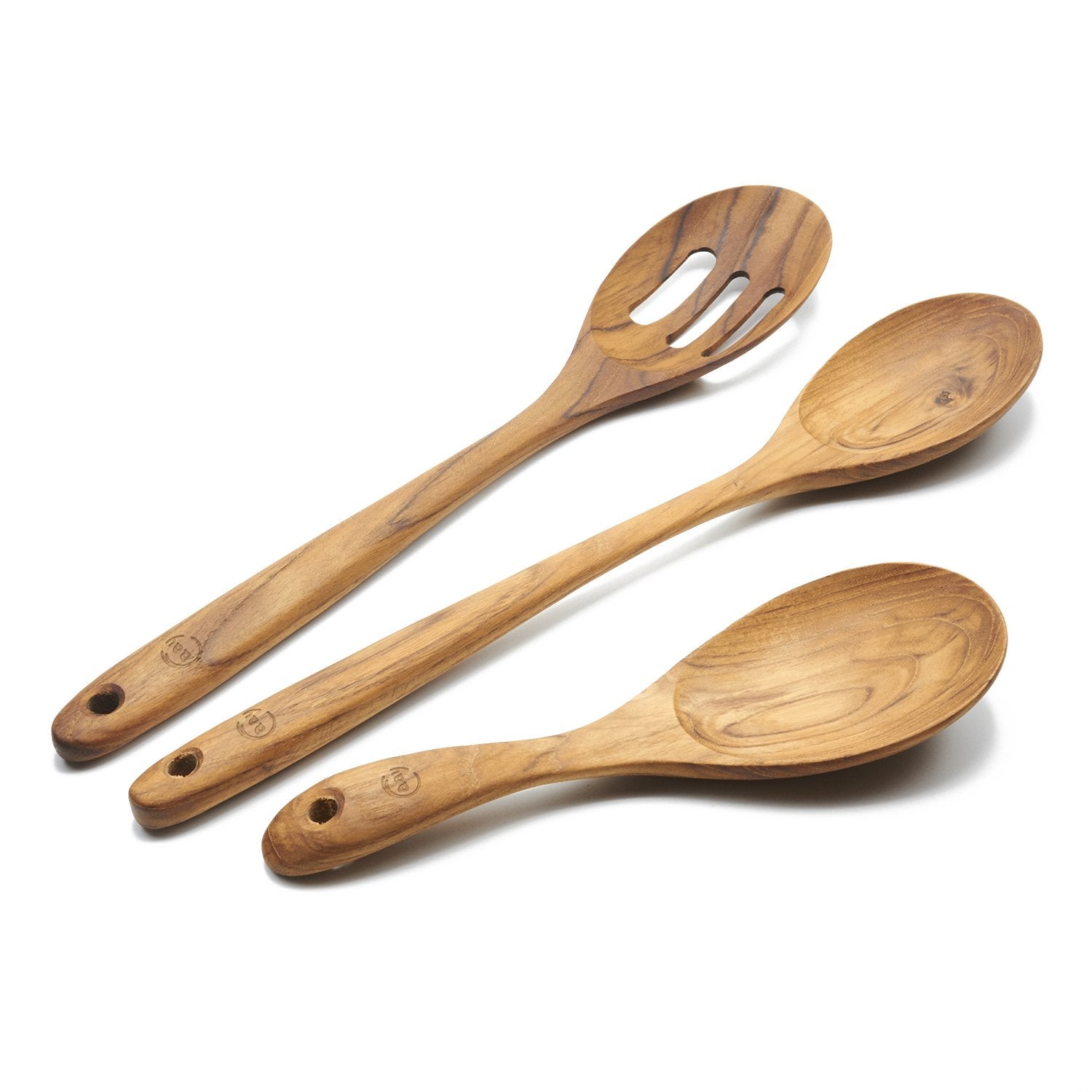FAAY 3-In-1 Wooden Spoons Handcrafted Golden Teak Kitchen Utensils Including 13.5 Inch Cooking Spoon, Slotted Spoon and 9 Inch V