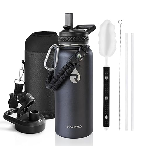 RAYMYLO Insulated Water Bottle 32 oz  Triple Wall Vacuum Stainless Steel (Cold for 48 Hrs)  Leak Proof & BPA-Free  Modern Water Flask Jug with Paracord Handle & Straw Spout Lids  Magic Black