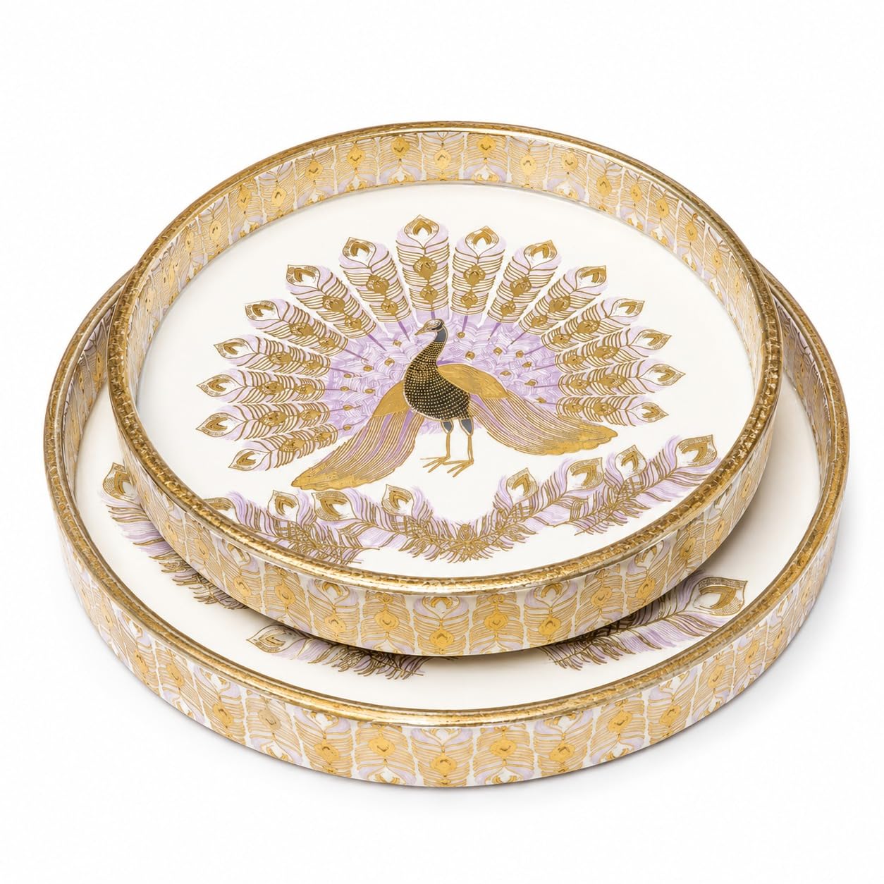 Round Decorative Serving Tray Set Of 2, Peacock Design