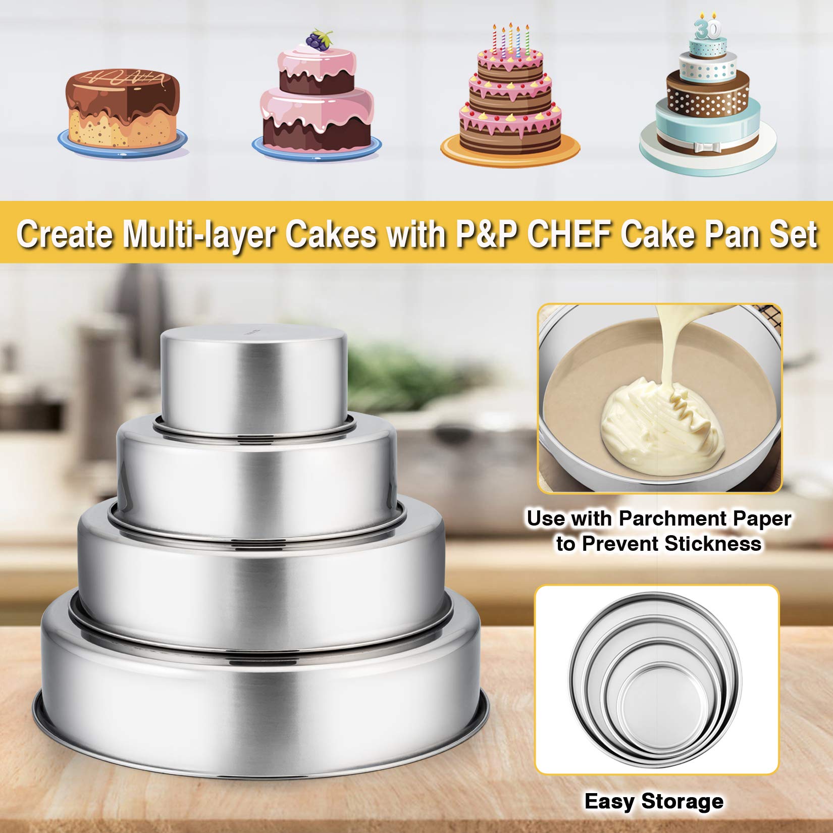 P&P Chef Cake Pan Set - 4   , 6   , 8   , 9.5 4 Piece Round Baking Cake Pans Tin Stainless Steel, Oven/Pot/Dishwasher Safe, Heav
