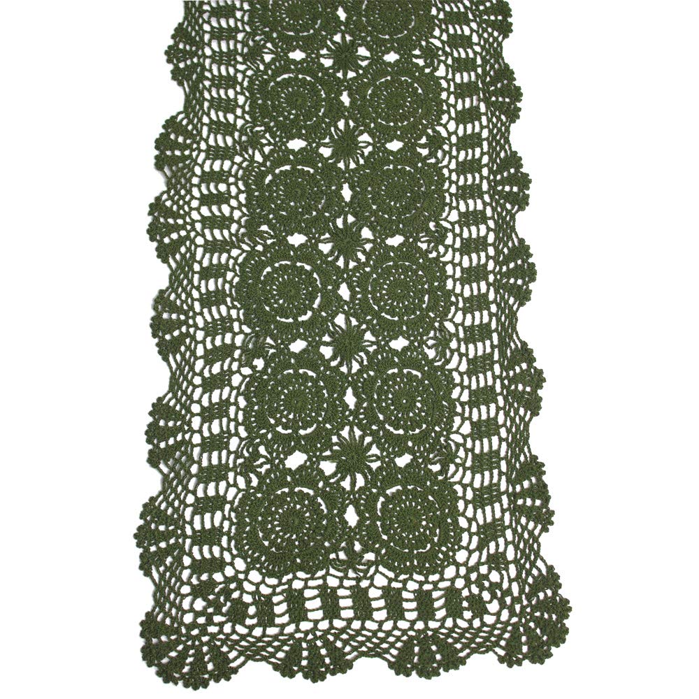 Kepswet Cotton Handmade Crochet Lace Table Runner Olive Green Rectangle Coffee Table Dresser Decor (14X72 Inch)