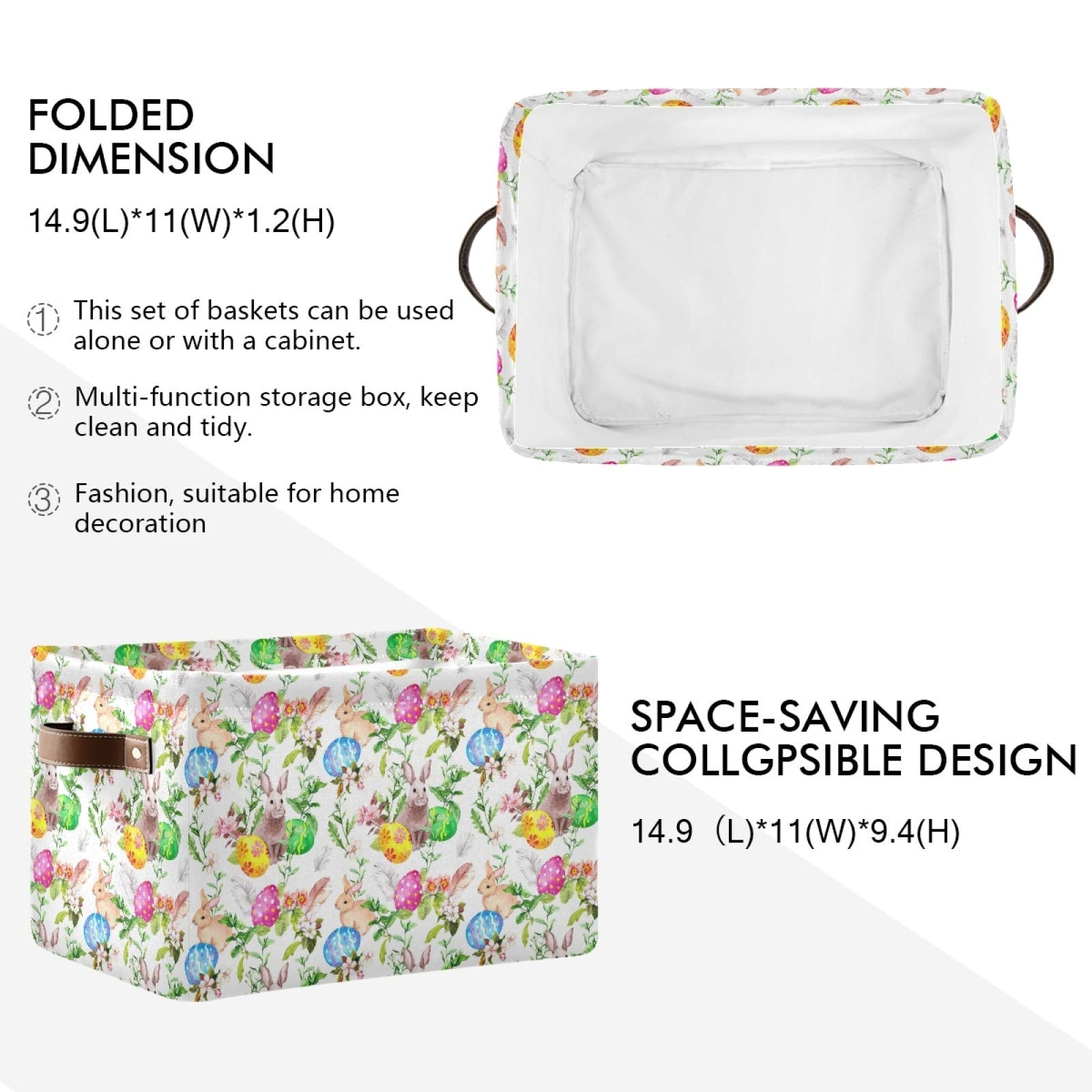 senya Easter Basket Storage  Box with Handles Easter Bunny Eggs in Grass Flowers Fabric Collapsible Storage Bins Organizer Bag Large Foldable for Storage Toy Storage 15 x 11 x 9.5 inch