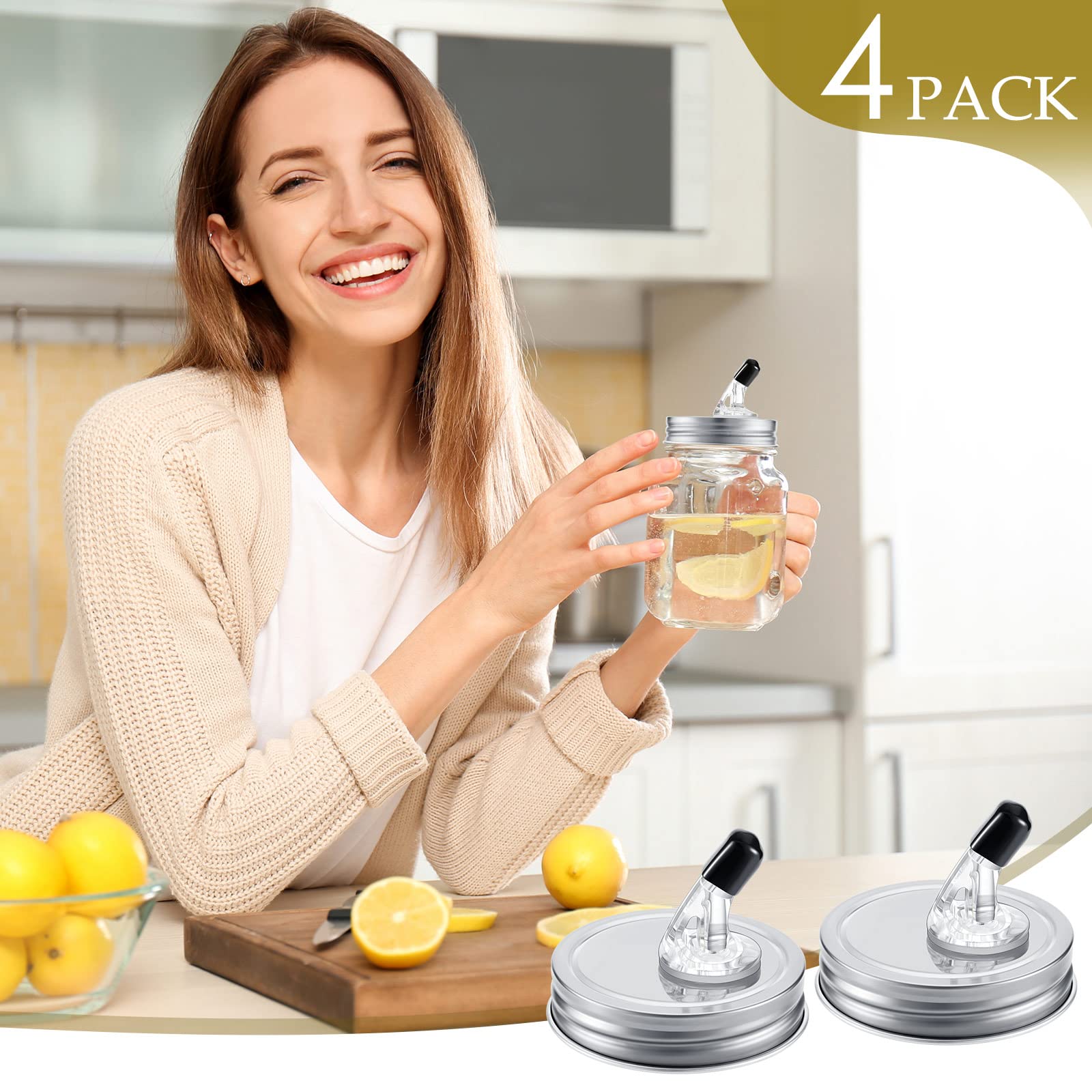 4 Pack Mason Jar Pour Spouts With Flap Regular Mouth Size 70 Mm Mason Jar Pouring Lids Suitable For Any Liquid Leak Proof (Silve