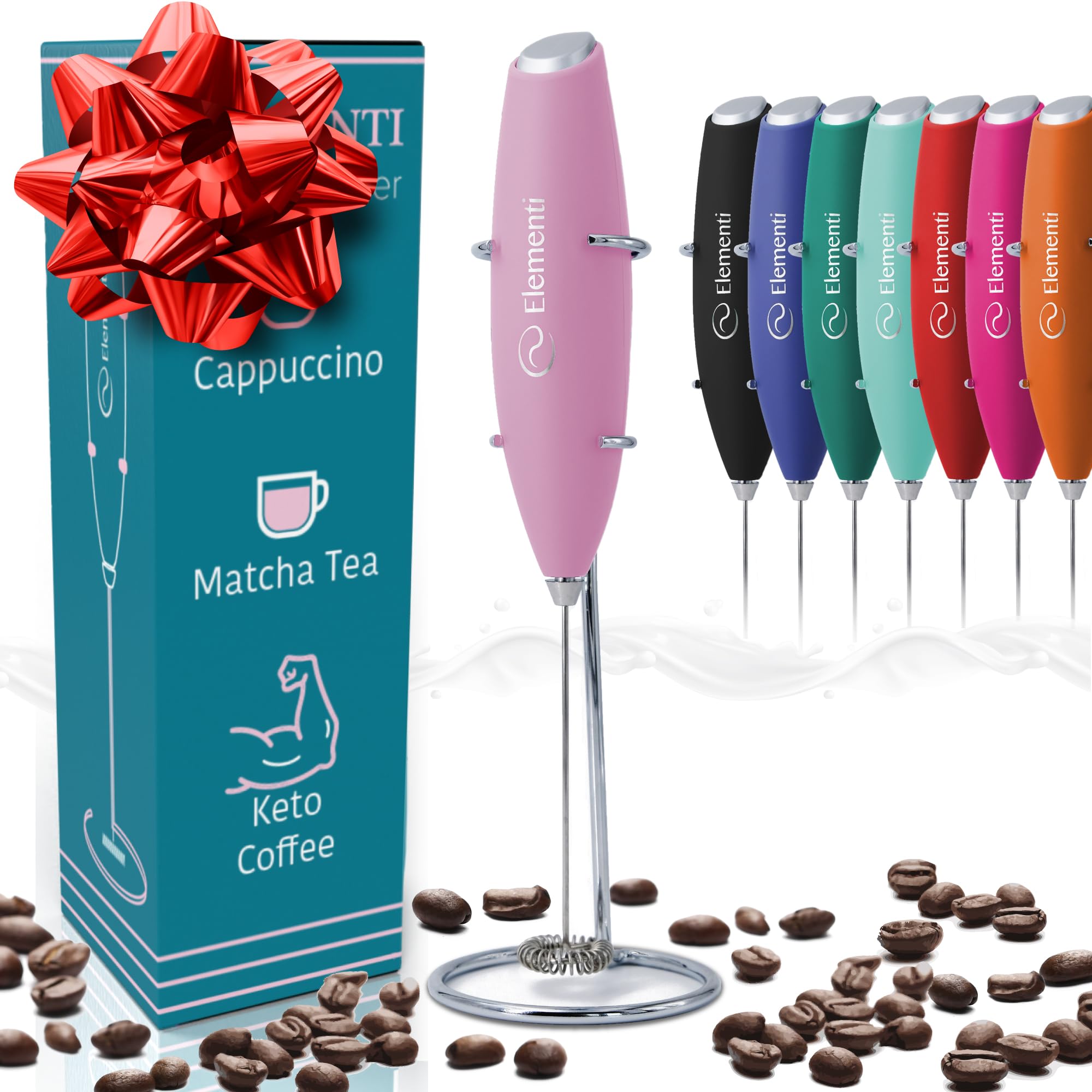 Elementi Milk Frother Electric - Coffee Whisk - Hand Frother For Coffee - Pink Coffee Maker - Coffee Frother Handheld - Pink Kit