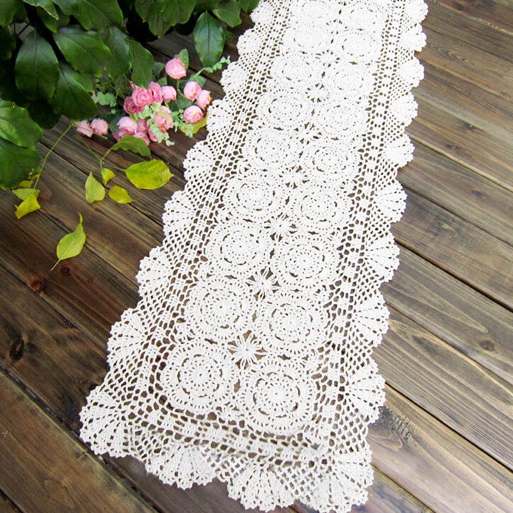 Kepswet Cotton Handmade Crochet Lace Table Runner White Rectangle Coffee Table Dresser Decor (14X48 Inch)